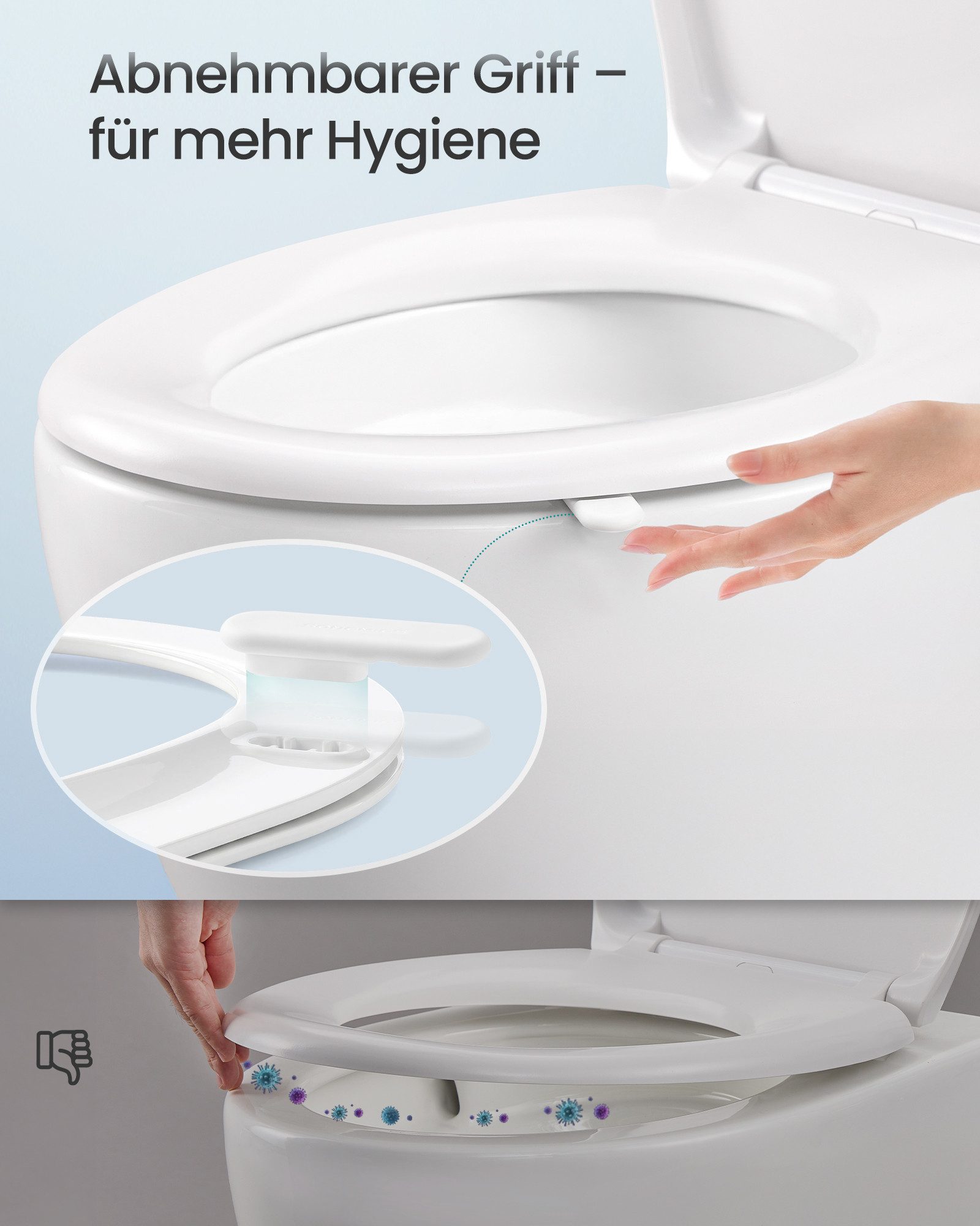 SONGMICS WC-Sitz Urea-Duroplast, belastbar mit 300 kg, O-Form D-Form, Absenkautomatik, abnehmbarer Toilettendeckel, Griff, einfache Montage