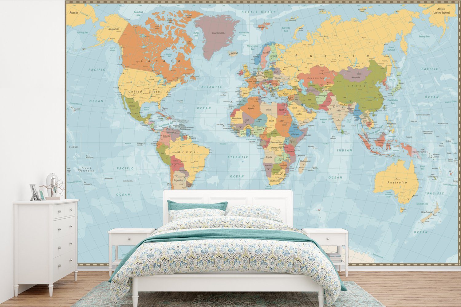 MuchoWow Fototapete Weltkarte - Farben - Atlas, Matt, bedruckt, (6 St), Wallpaper für Wohnzimmer, Schlafzimmer, Kinderzimmer, Vinyl Tapete