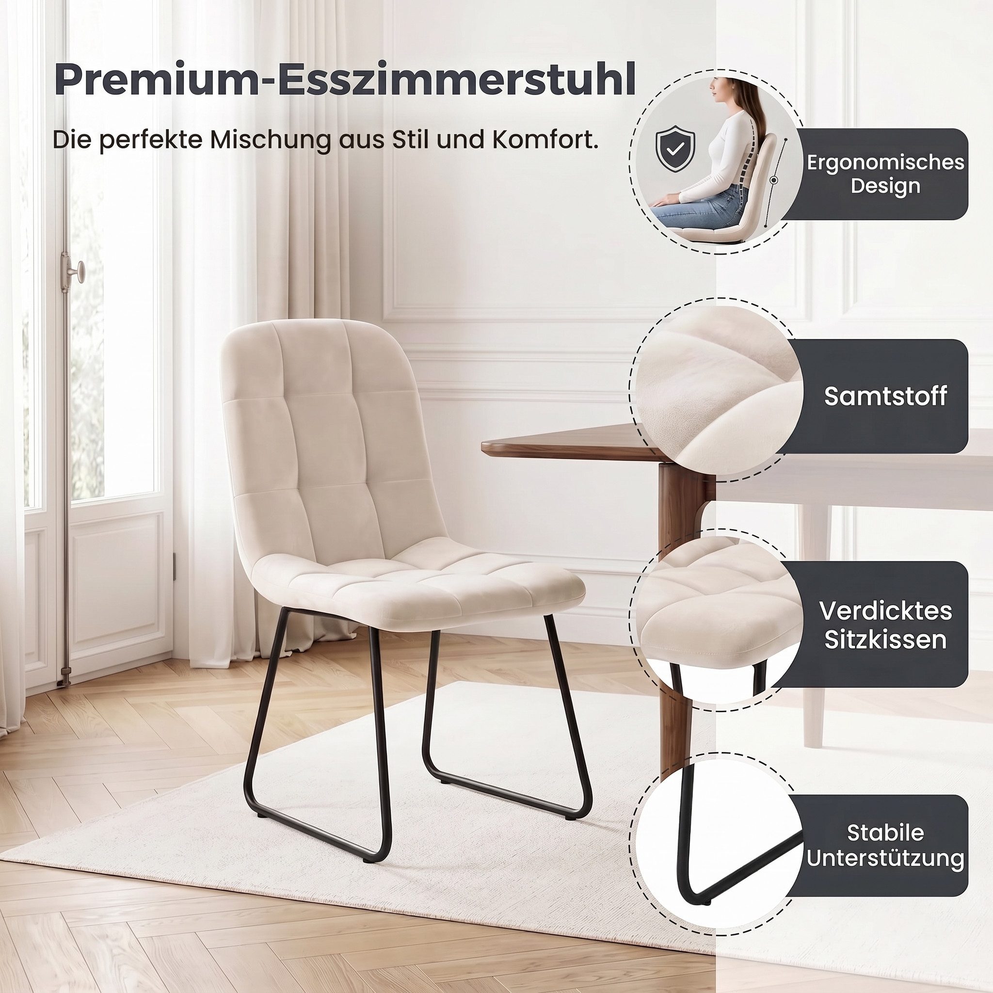 Jiexi Essgruppe Ausziehbare Essgruppe 130-170cm, MDF-Tisch & 4 Samtstühle – Bild 5 von 5