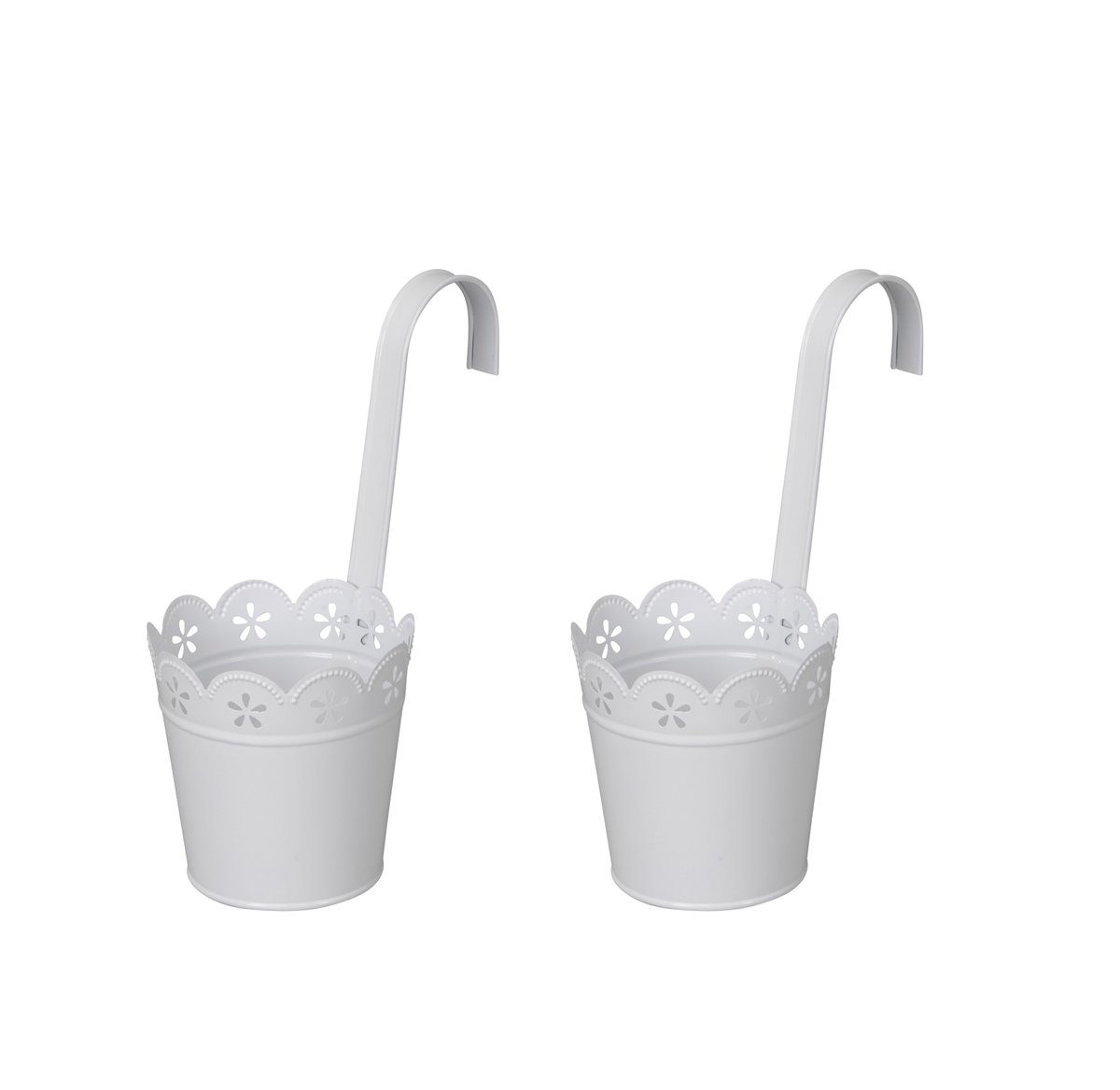 LB H&F Lilienburg Blumentopf 2er Set Hängetopf Blumentopf Übertopf Geländertopf Terrasse (Hänger Topf Shabby Spitze Ornament Deko zum einhängen Balkontopf Pflanztopf Balkon Weiss Metall P NEO), Kräutertopf Kräuterregel Pflanzenhalter Palettenregal hängen