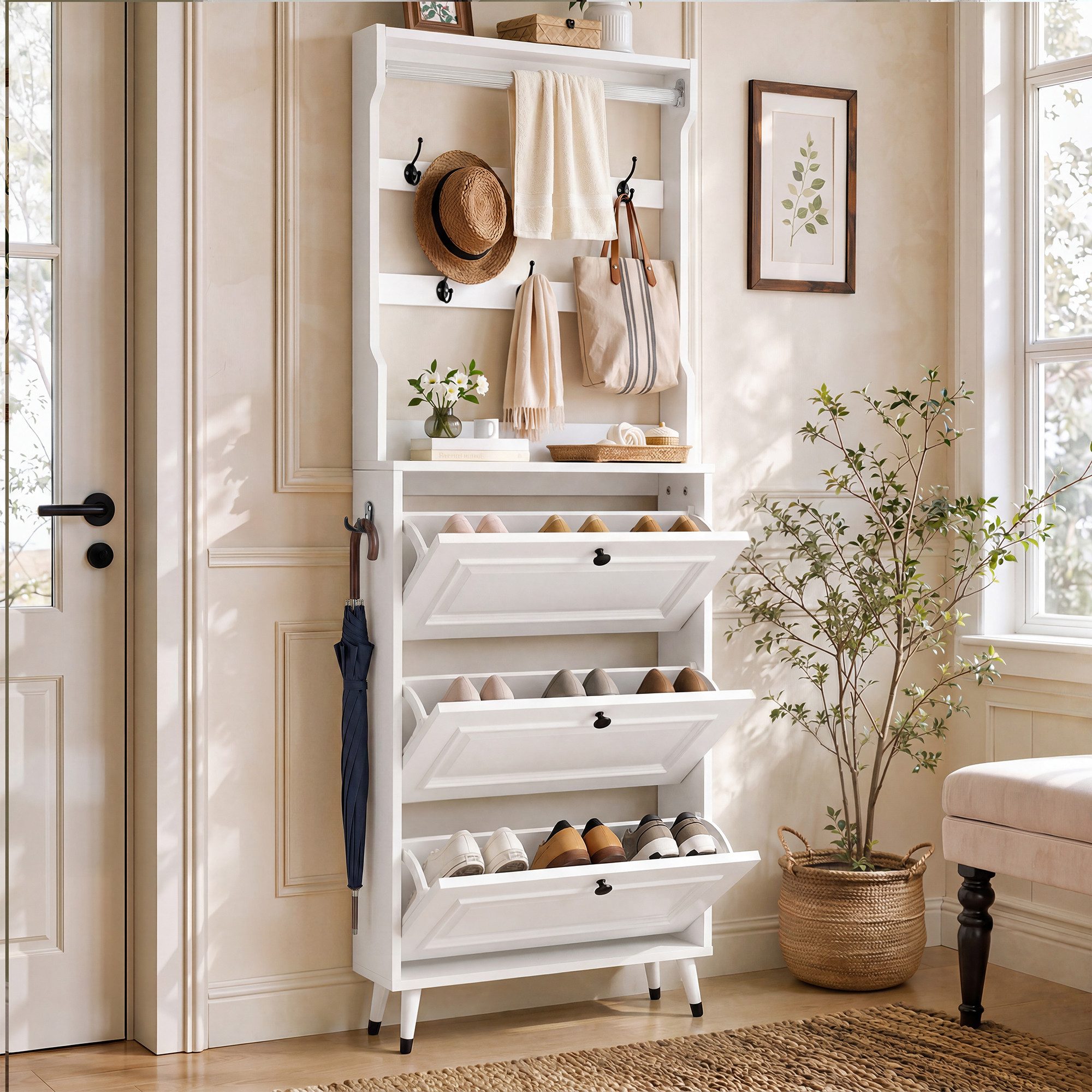Merax Garderoben-Set, (1-St., Kompakte Diele, Garderobenschrank, 66x17x180cm), Flurgarderobe mit Schuhschrank, 3 Klapptüren, Haken & Kleiderstange