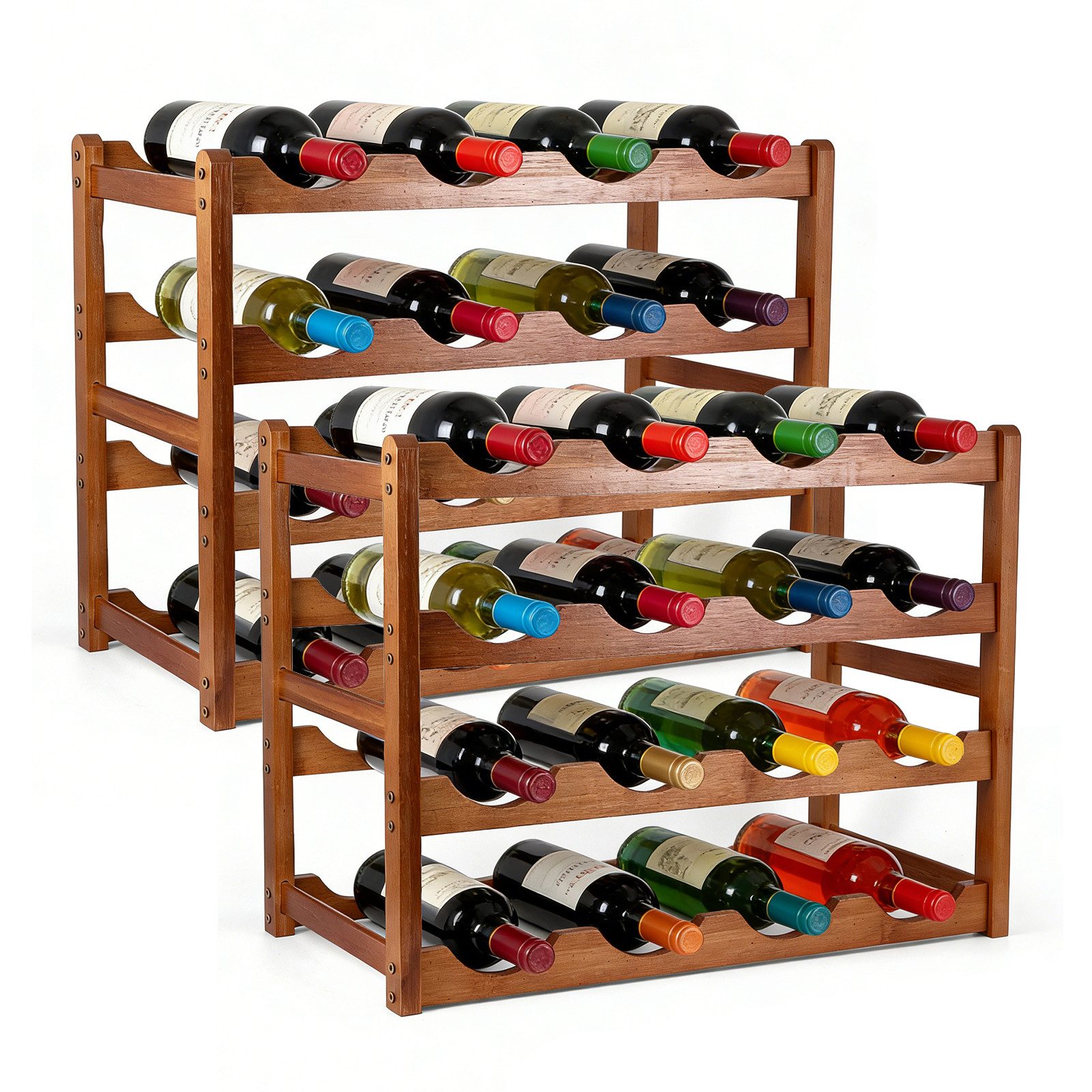 BlingBin Weinregal Flaschenregal 4 Ebenen Holz Flaschenständer für 16 Flaschen, 2er Set 2-tlg., Weinregal Stapelbares, für Keller, Lagerraum, Getränkekistenregal