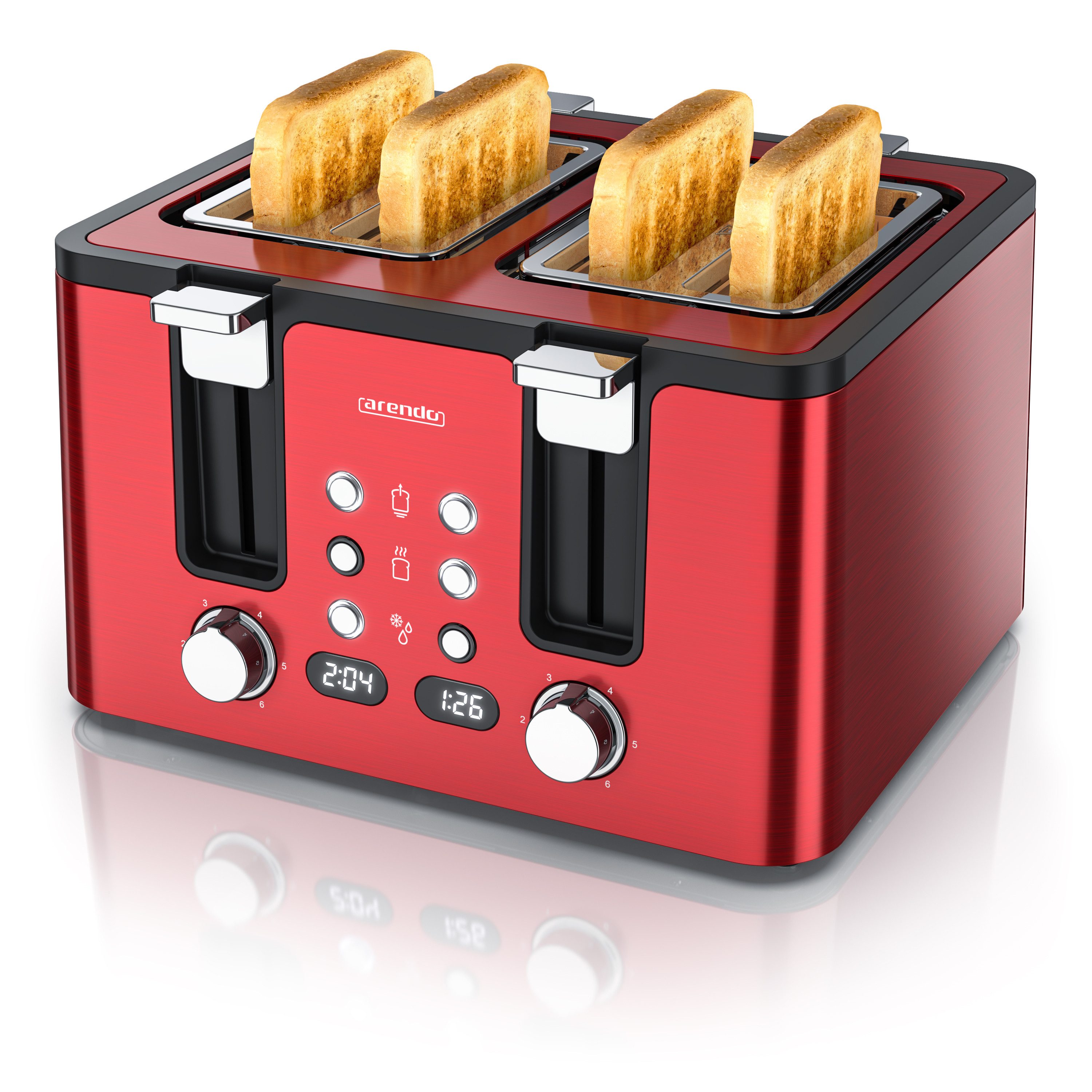 Arendo Toaster 4-Scheiben, Edelstahl, Brötchenaufsatz, Restzeitanzeige, Rot, 4 kurze Schlitze, für 4 Scheiben, 1750 W, Doppelwandgehäuse, Defrost Funktion, Krümelschublade, 6 Bräunungsgrade
