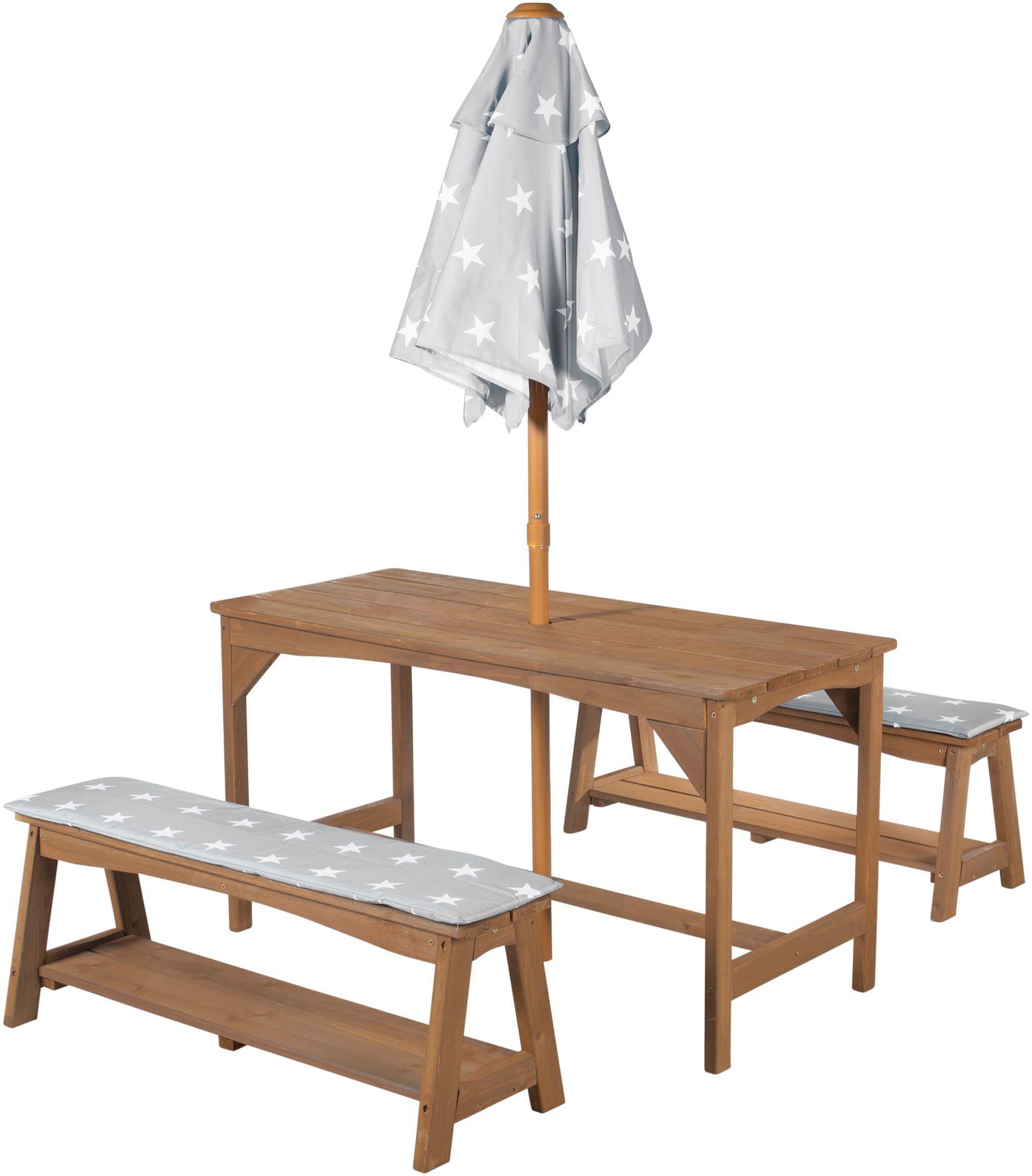 roba® Garten-Kindersitzgruppe Outdoor+, (Set, 3-tlg), Tisch und 2 Bänke mit Sitzauflage, Schirmset