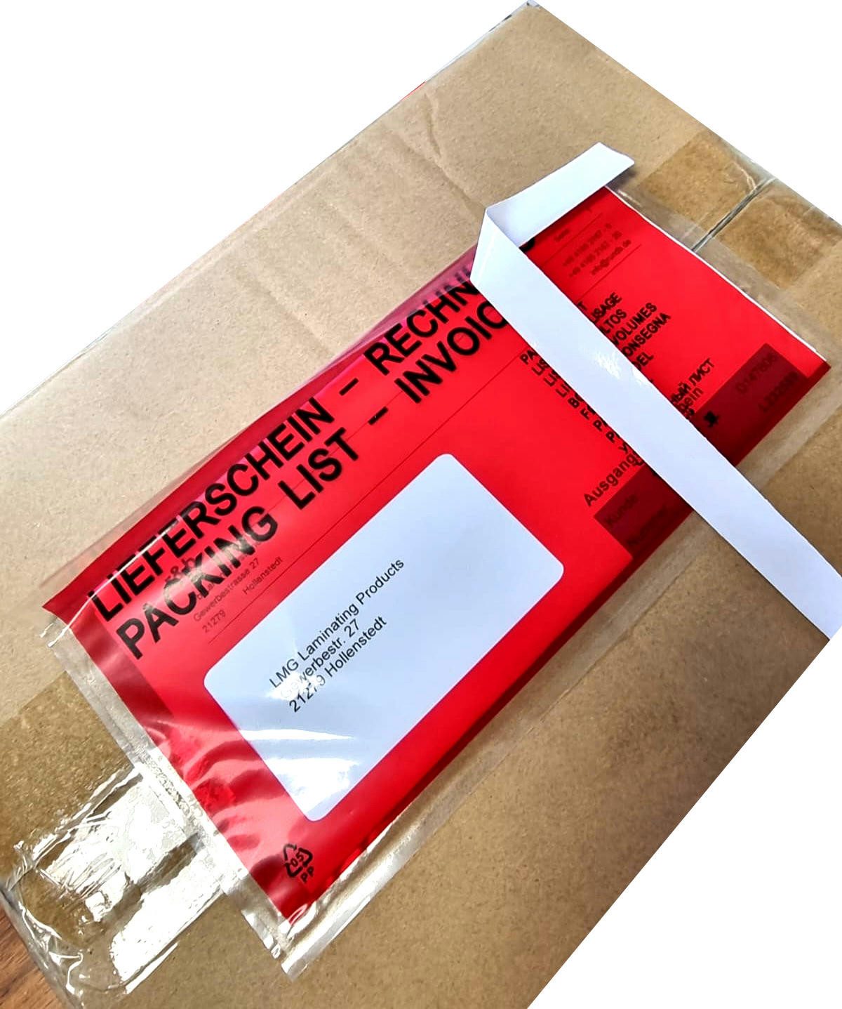 LMG Germany Versandtasche Lieferscheintaschen, DIN kurz, 115 x 240 mm, selbstklebend, Selbstklebend, DIN lang, rote Vorderseite