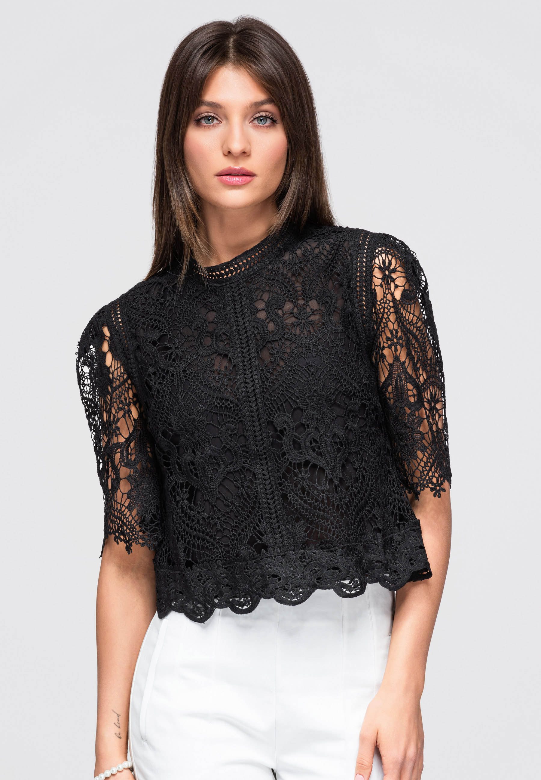 Blusentop Damen Bluse mit transparenter Spitze Elegant Schwarz S