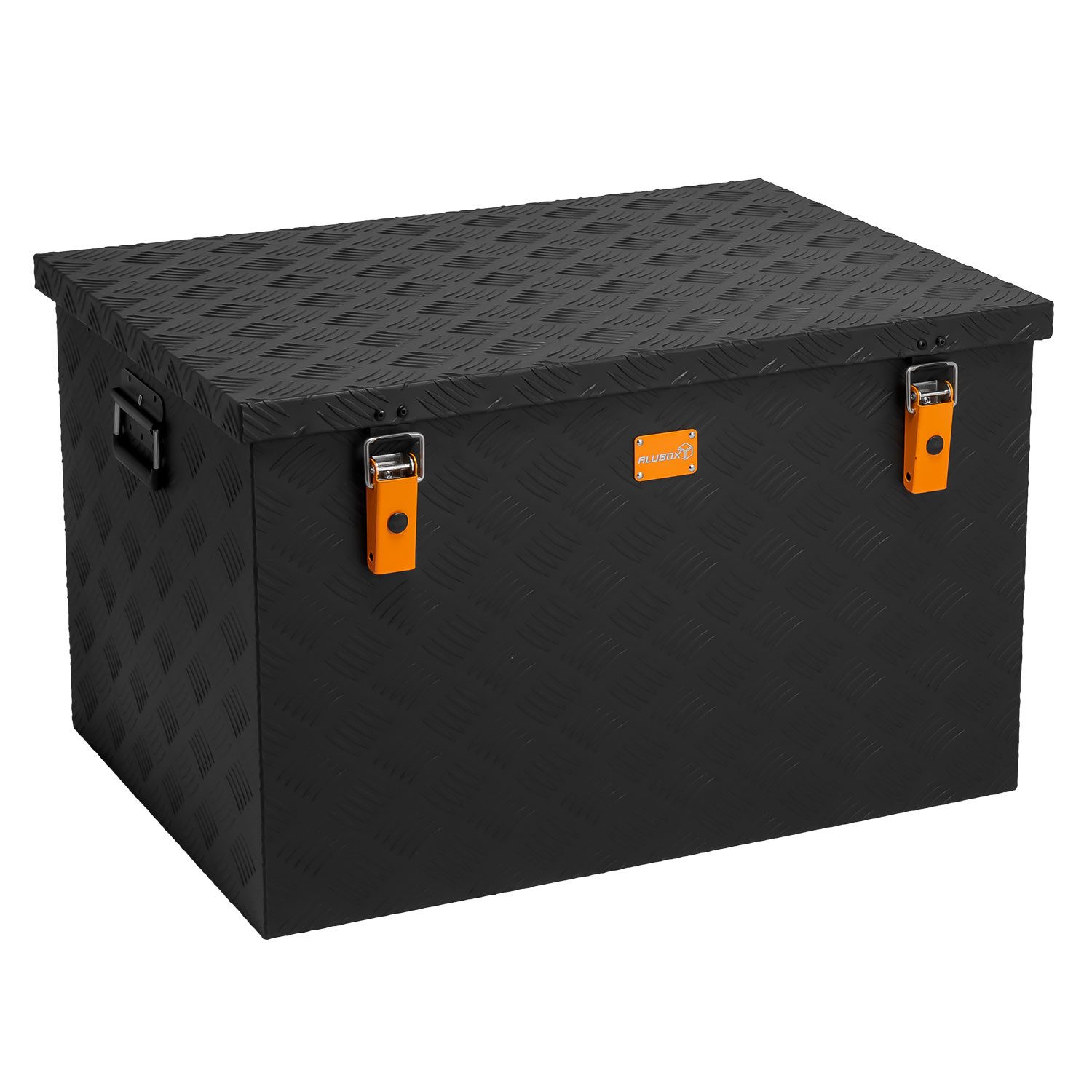 ALUBOX Aufbewahrungsbox Alukiste Outdoorkiste Riffelblech schwarz matt 1.5mm Stärke, Fangbänder im Deckel - umlaufende Dichtung im Deckel