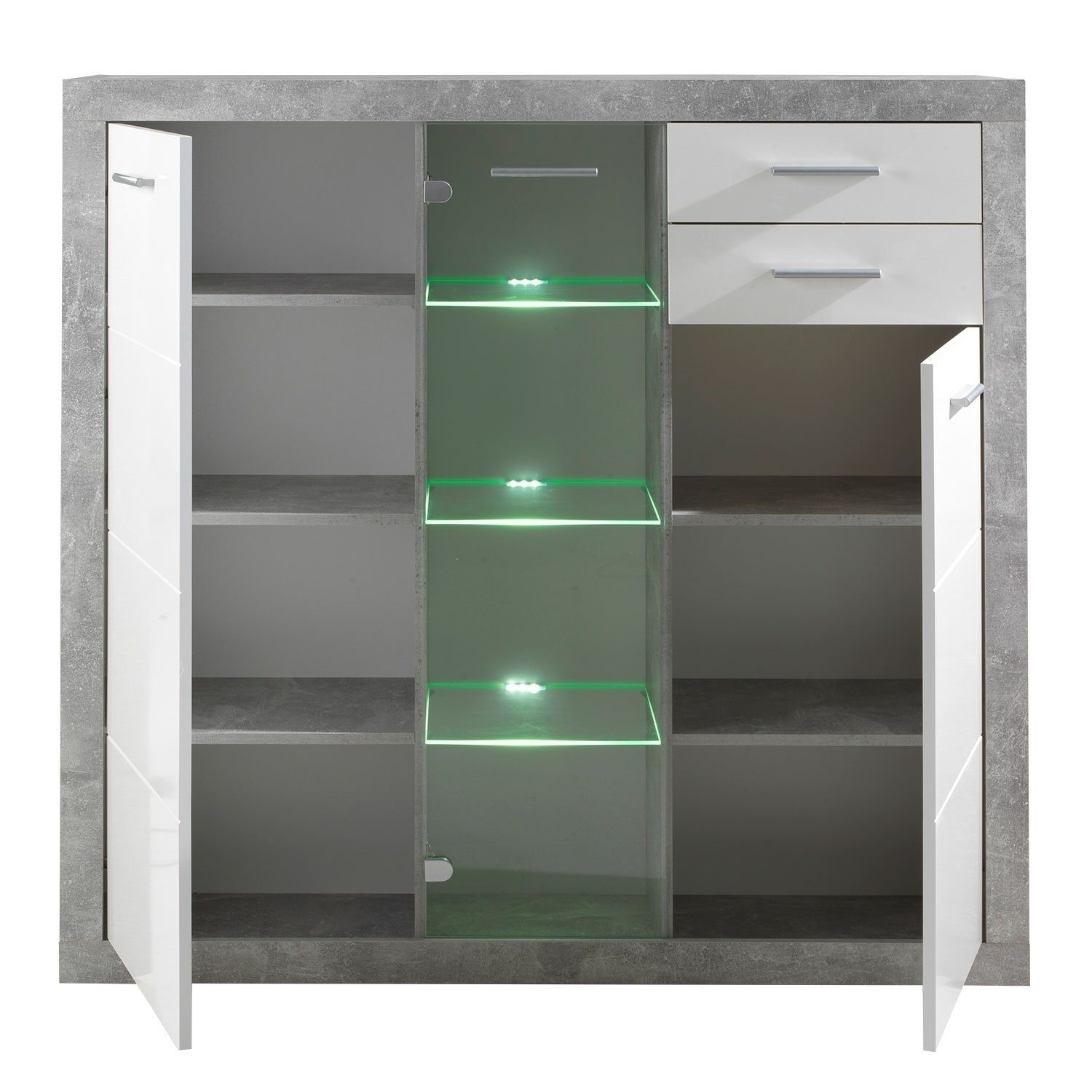 Highboard x Schubladen 137 STONE, Weiß Türen, 37 B 3 x 134 2 H T cm, Hochglanz, Betondekor, LED-Beleuchtung, inkl.