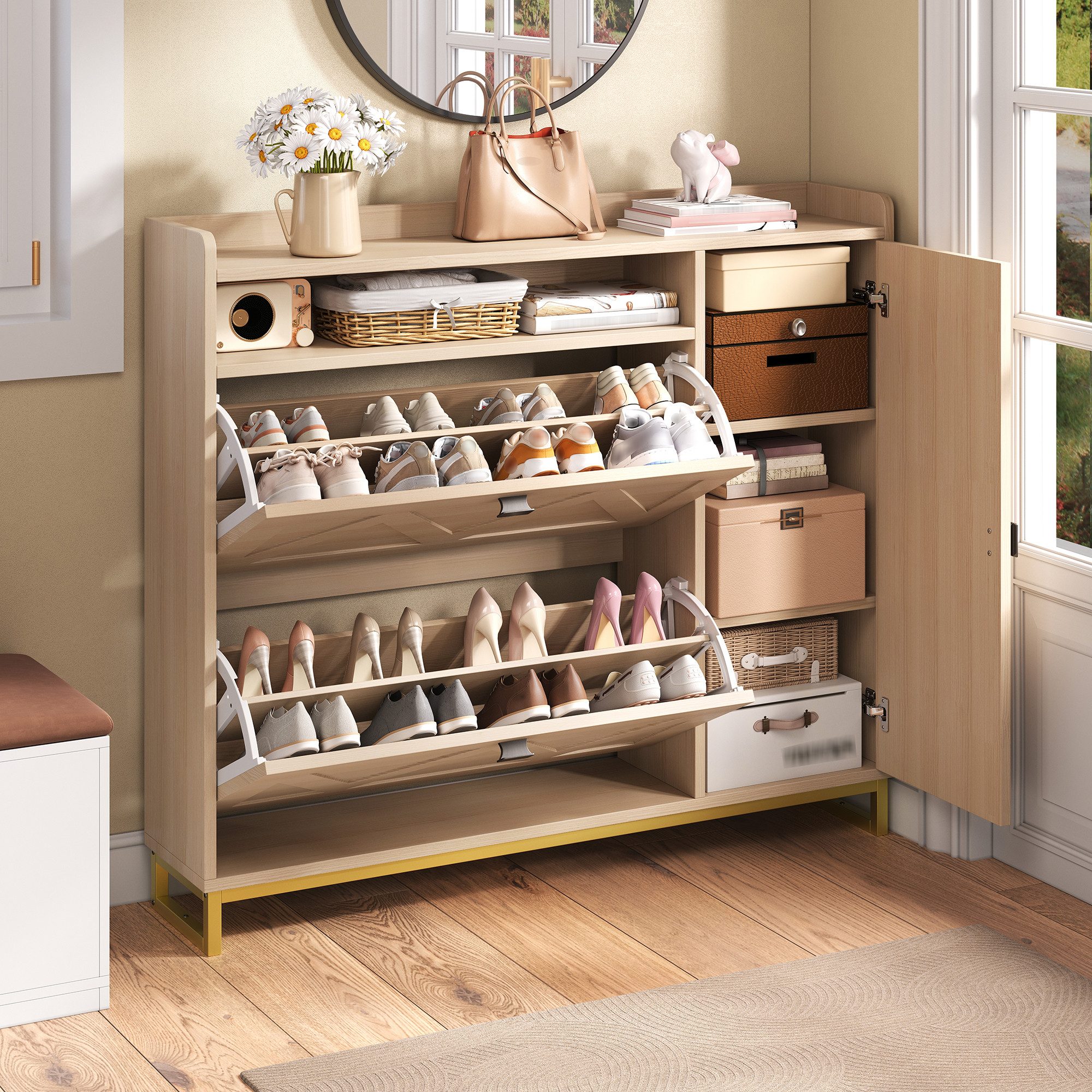 OKWISH Schuhschrank 110x100x24 cm mit Klappdeckeln und Seitenschrank (Packung, 1-St., Geometrisch geprägte Türen, offenes Oberfach) Metallgestell, Aufbewahrung für den Eingangsbereich