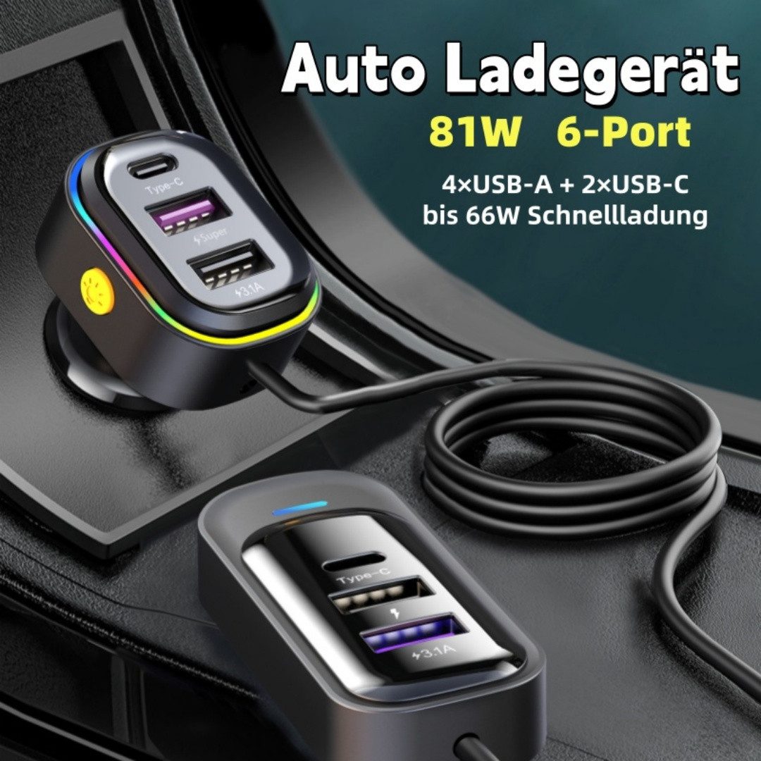 neue dawn Auto Ladegerät USB C 6Port Zigarettenanzünder KFZ Schnellladen Adapter KFZ-Netzteil (66W Schnellladeadapter, 6 Port, Auto, 4*USB A + 2*Type C, Multiport)