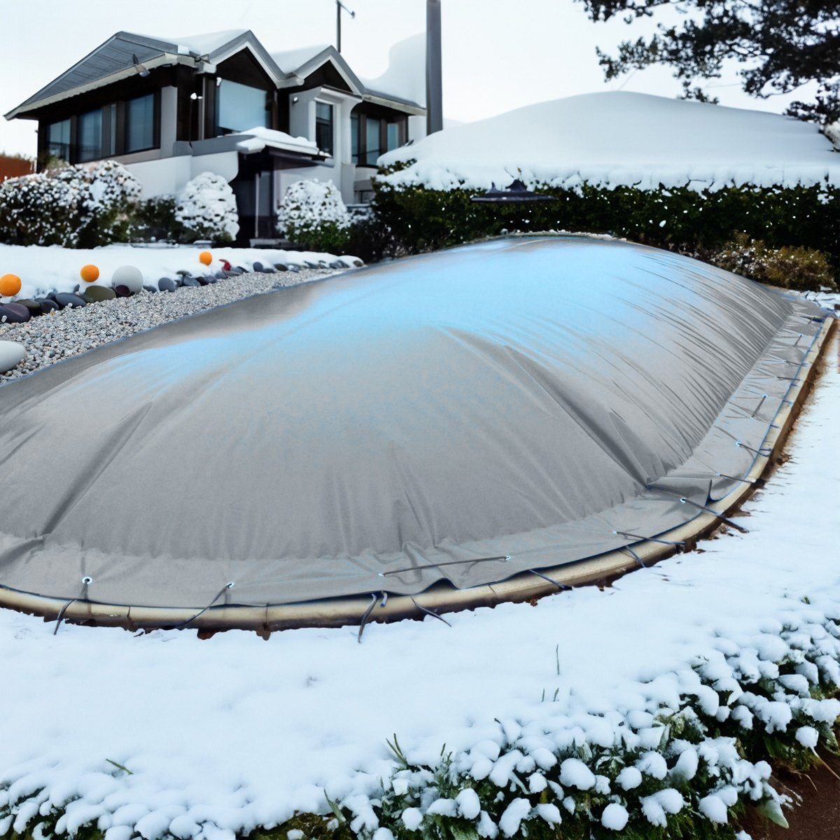 Pool-Abdeckplane Aufblasbare Poolabdeckung Oval Grau Überwinterung Luft Kissen Pool