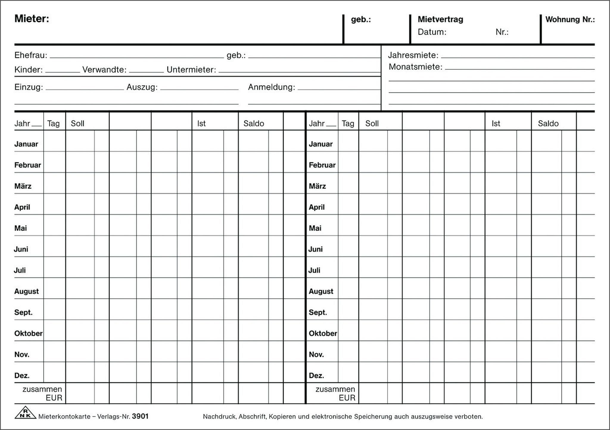 RNK Formularblock RNK Mieterkontokarte A5 für 4 Jahre