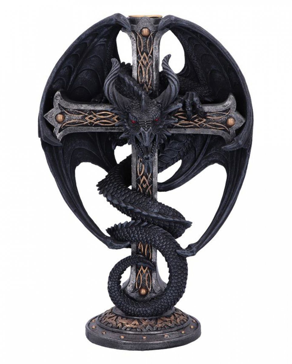 Horror-Shop Dekofigur Gothic Kerzenständer mit Drache & kreuz 24,5 cm