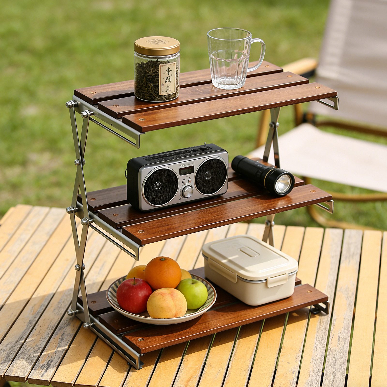 BlingBin Standregal Klappbares Camping Regal 3-stufiges Mehrzweckregal Schreibtischregal, 1 Stück 1-tlg., Schreibtisch Rack,Camping Regalorganisator Für Picknick BBQ Koche