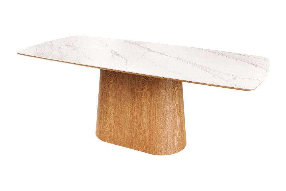riess-ambiente Säulen-Esstisch UNIQUE 200cm weiß / braun · Konferenztisch mit Keramik-Tischplatte (Einzelartikel, 1-St), 8-10 Personen · Säulenfuß aus furniertem Eichenholz · Marmor-Design