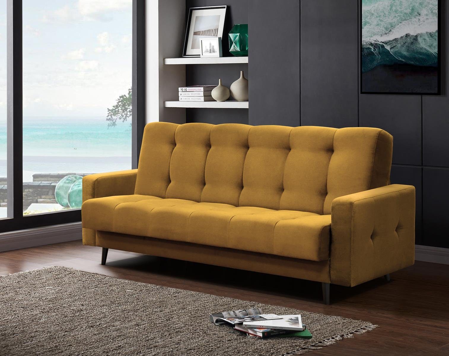 Beautysofa Schlafsofa Nancy BIS, mit Relaxfunktion, Bettkasten, Sofa mit Holzbeine, Velours-Bezug Senfgelb (kronos 01)