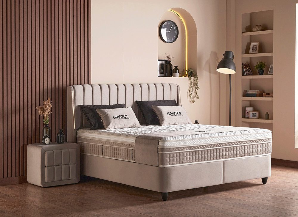 abc bedding Boxspringbett Bristol Stauraum Boxbett Boxspringbett Bettkasten Stoff Beige von ABC, Funktionsbett mit Bettkasten