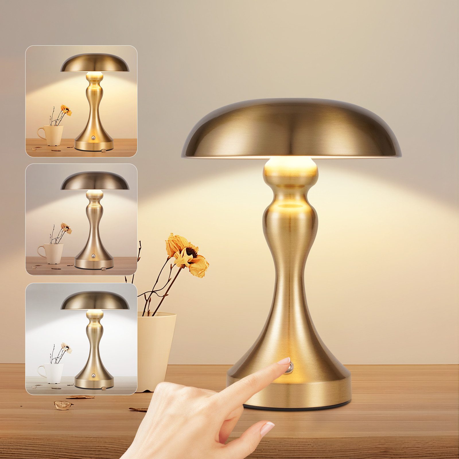 LED Nachttischlampe Touch Dimmbar Kabellos Akku Tischleuchte Vintage mit USB Aufladbar