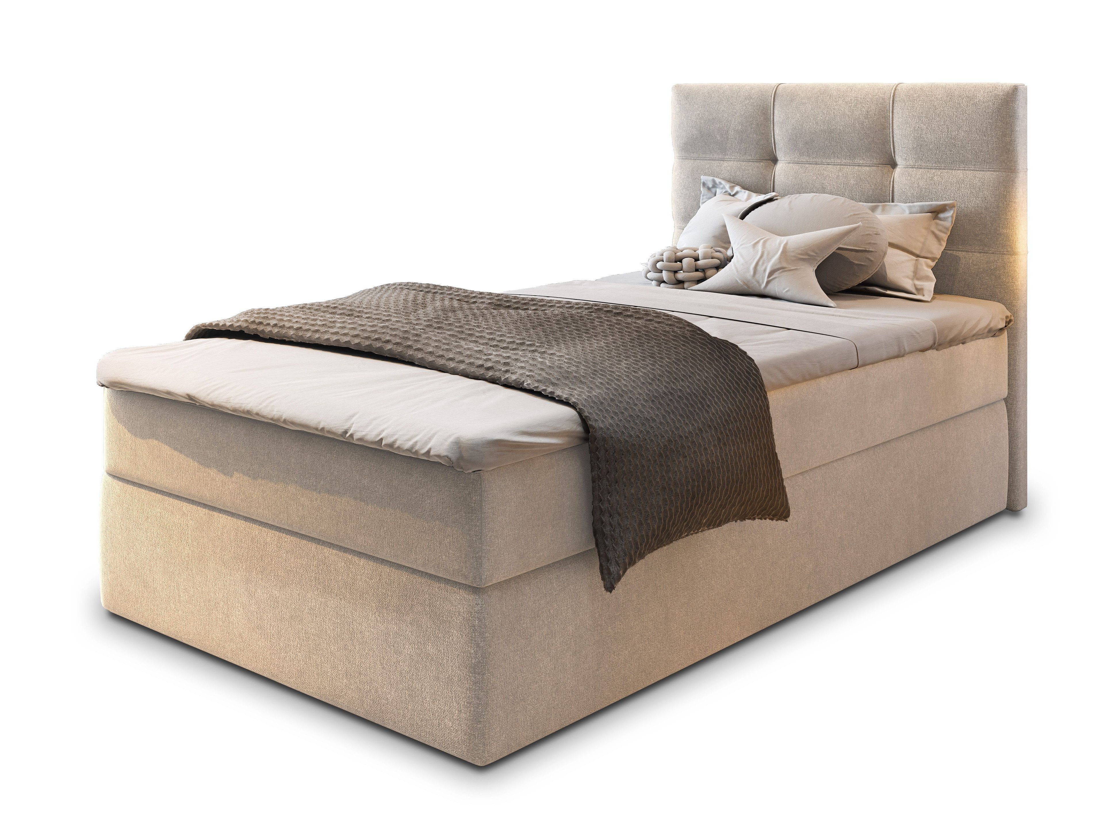 Masseno Boxbett GLOS 90x200 cm mit Bonell Matratze und Topper, Einzelbett, Jugendbett, Polsterbett mit Kopfteil, Boxspringbett