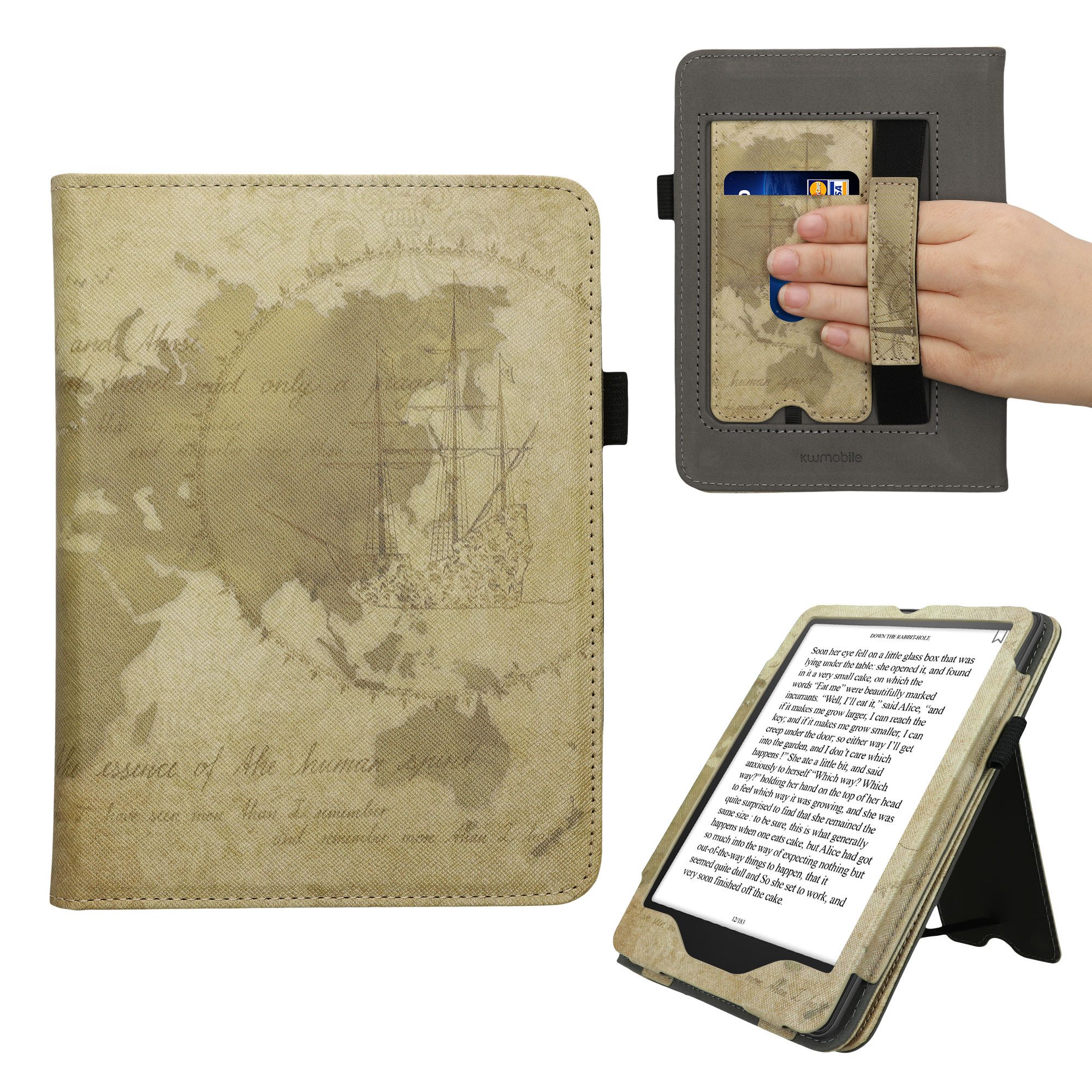 kwmobile E-Reader-Hülle Flip Schutzhülle für Amazon Kindle Paperwhite (2024)/Colorsoft, Handschlaufe - Cover Travel Vintage Design