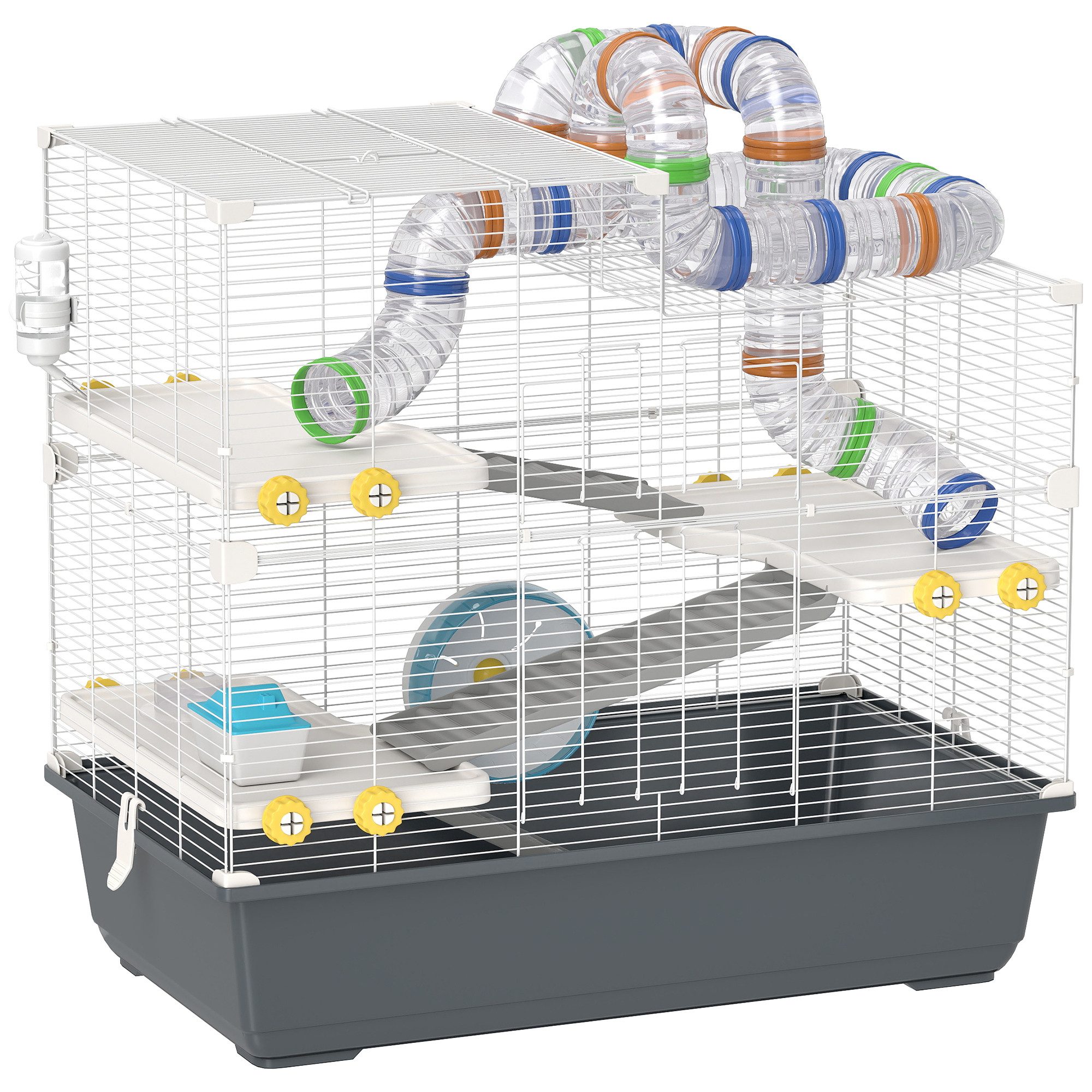 furnicato Kleintierkäfig Zwerghamsterkäfig 78x45x73 cm in Weiß+Grau, Hamstergehege mit Röhrensystem, Etagen und tiefem Boden zum Graben
