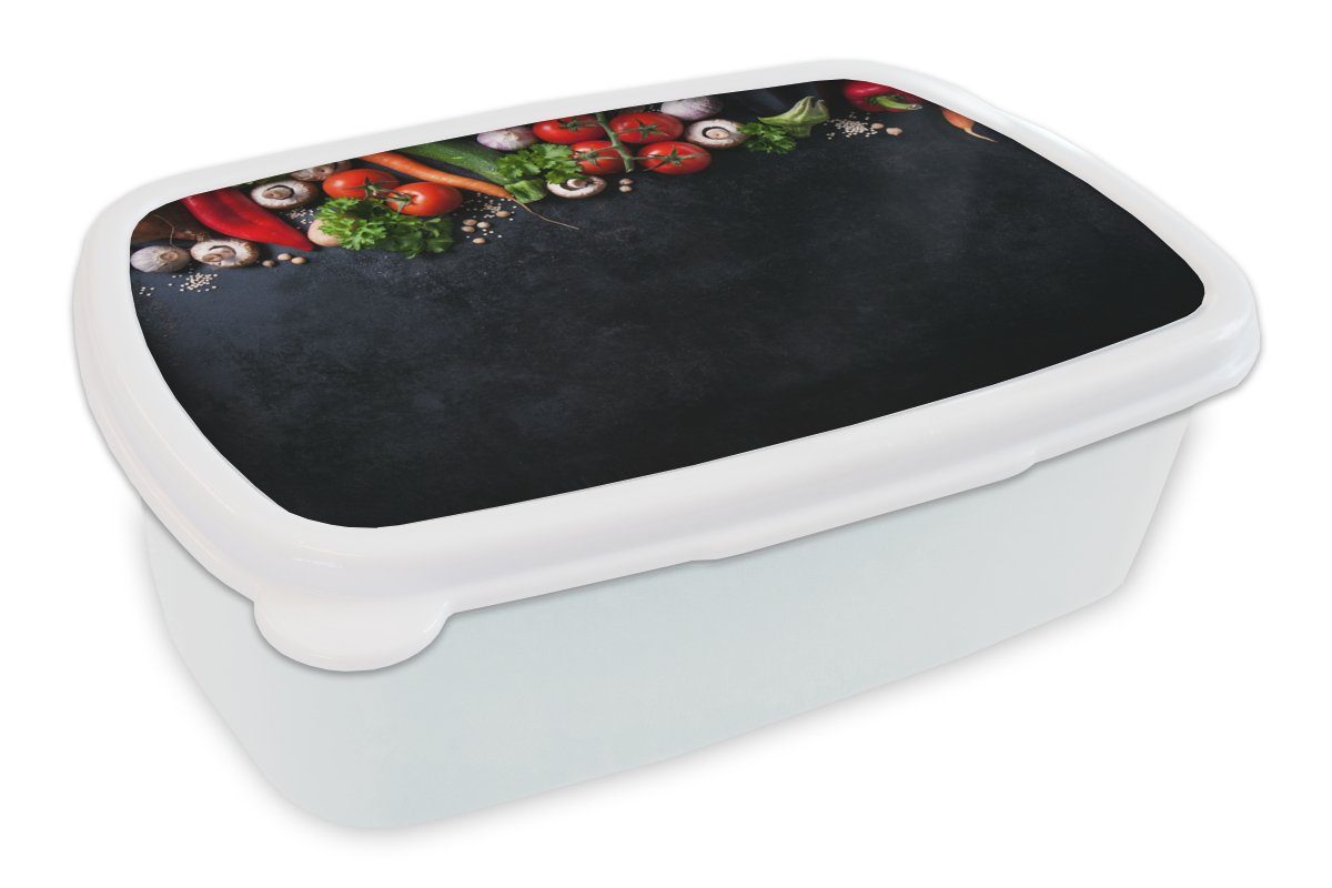 MuchoWow Lunchbox Gemüse - Kräuter - Gewürze - Schwarz - Rustikal - Küche, Kunststoff, (2-tlg), Brotbox für Kinder und Erwachsene, Brotdose, für Jungs und Mädchen weiß
