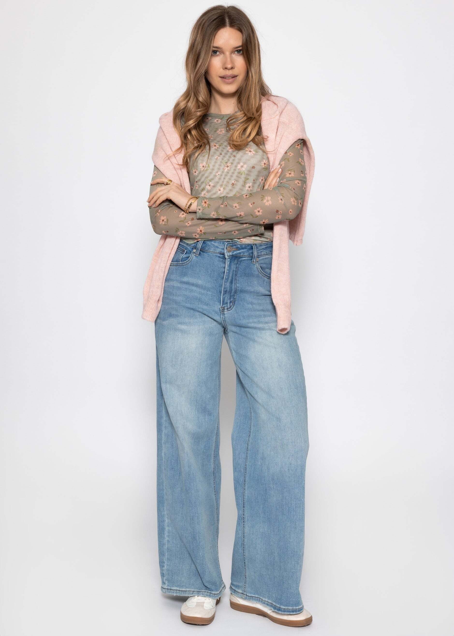 SASSYCLASSY Langarmshirt Mesh Langarmshirt mit Blumen-Print für Damen Vespieltes Shirt mit gefütterter Vorderseite und Rundhalsausschnitt – Bild 3 von 5