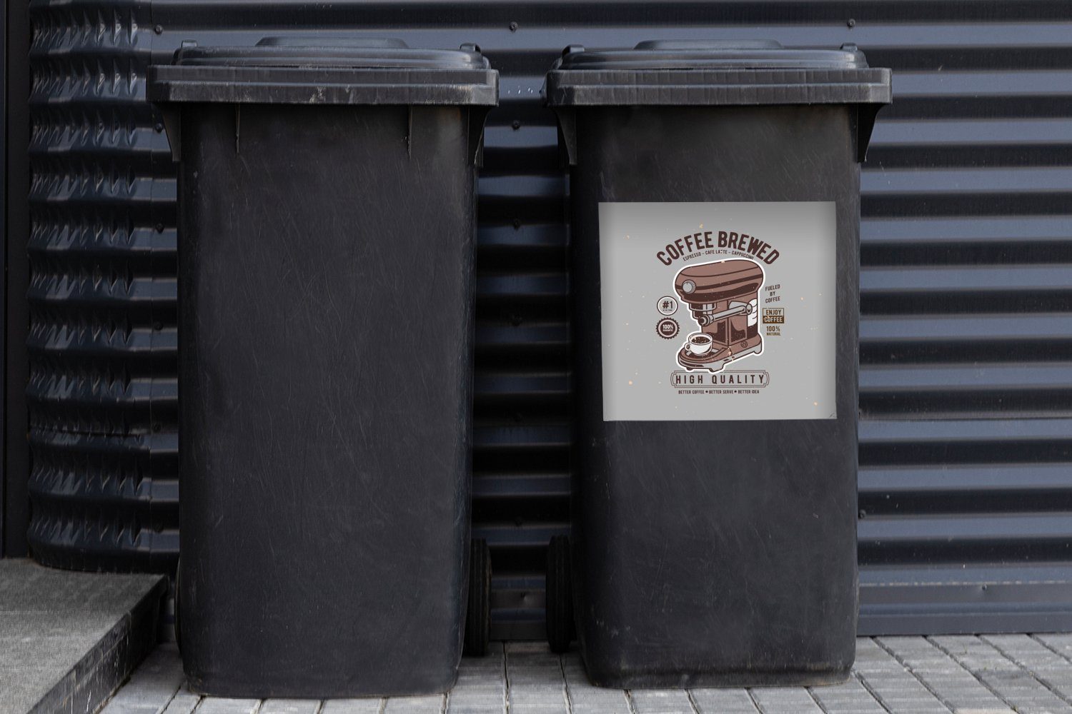 MuchoWow Wandsticker Kaffeemaschine - Tasse Mülltonne, St), Container, Abfalbehälter (1 Mülleimer-aufkleber, Retro - Zeichnung Sticker, 