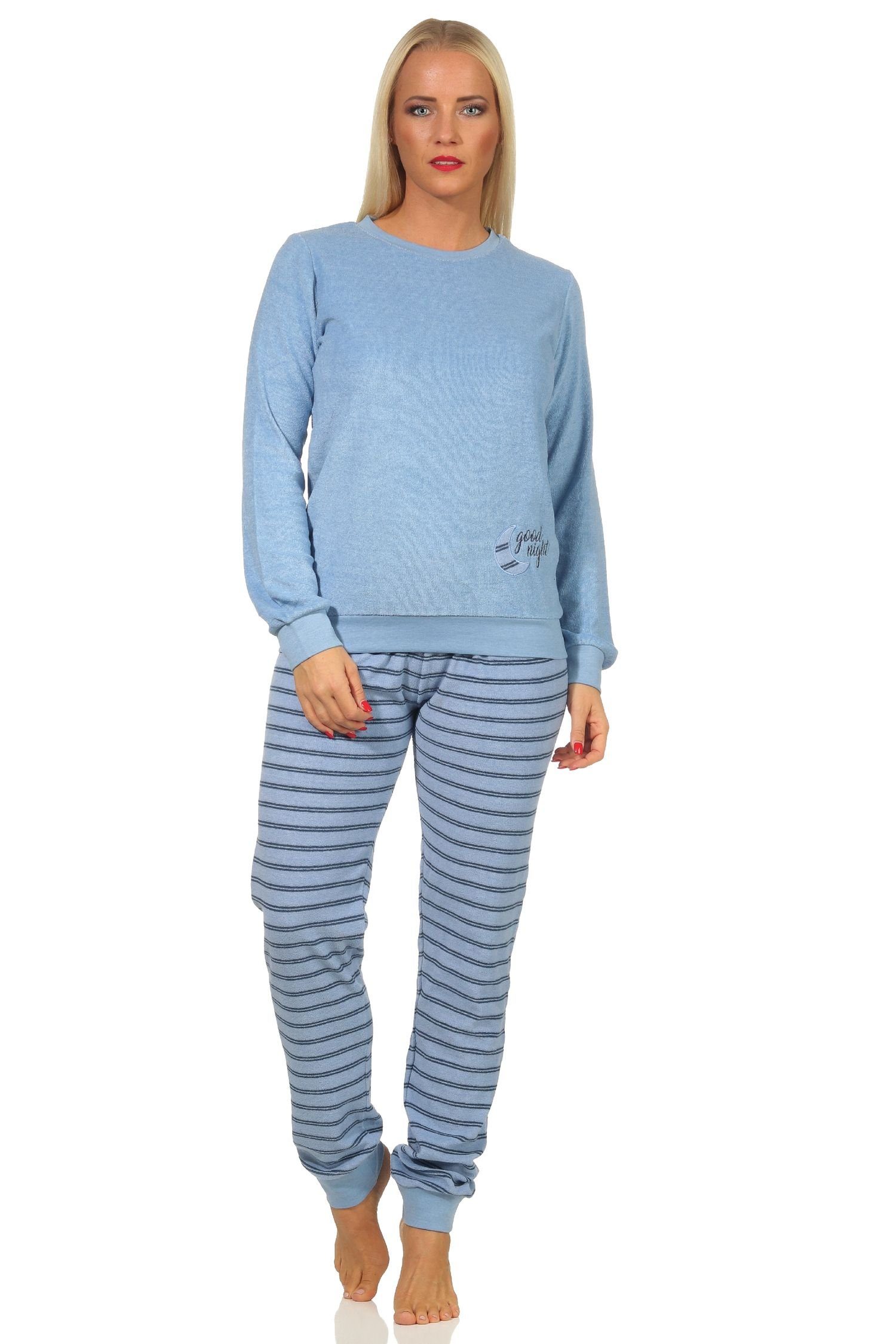 Normann Pyjama Mädchen Frottee Pyjama lang Schlafanzug mit Bündchen, Hose gestreift hellblau