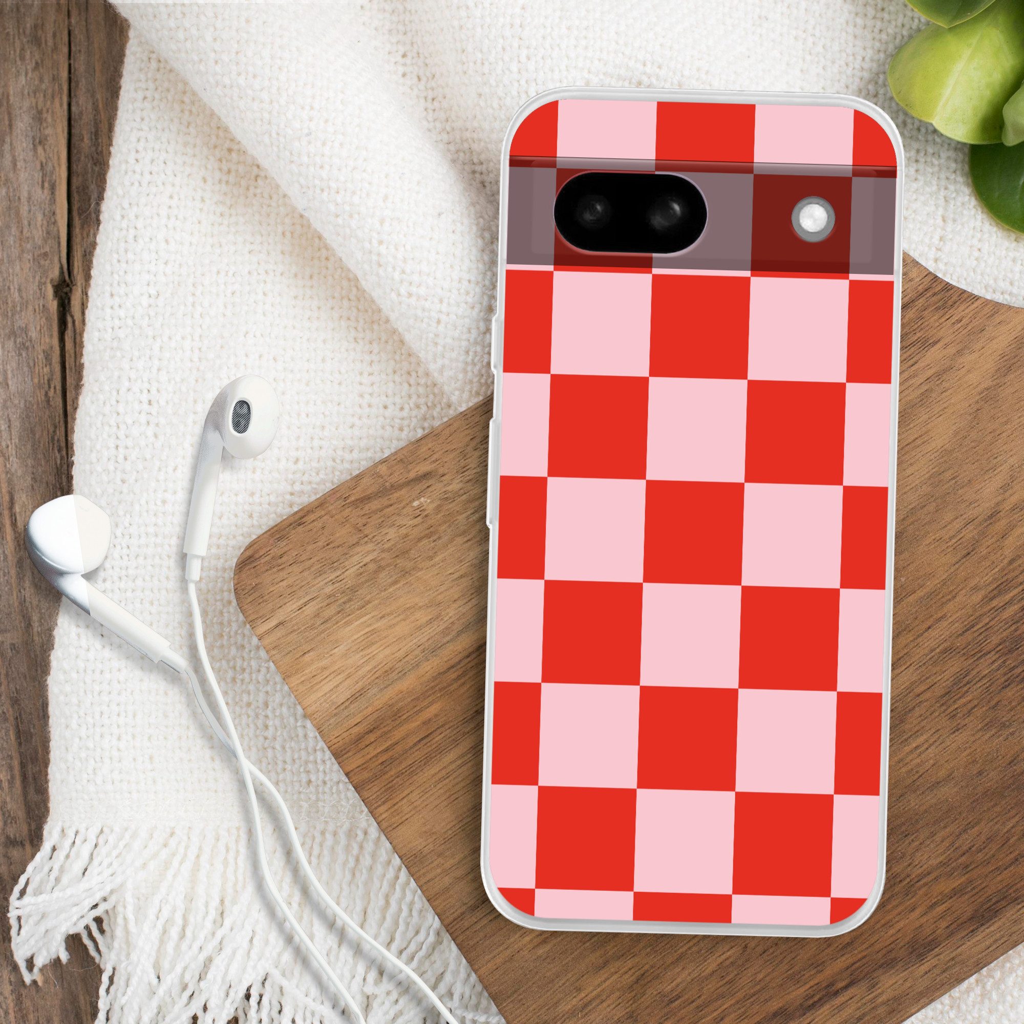 MuchoWow Handyhülle für Google Pixel 8a Schachbrettmuster - Rot - Rosa - Würfel, Phone Case, Silikon, Schutzhülle Dünn