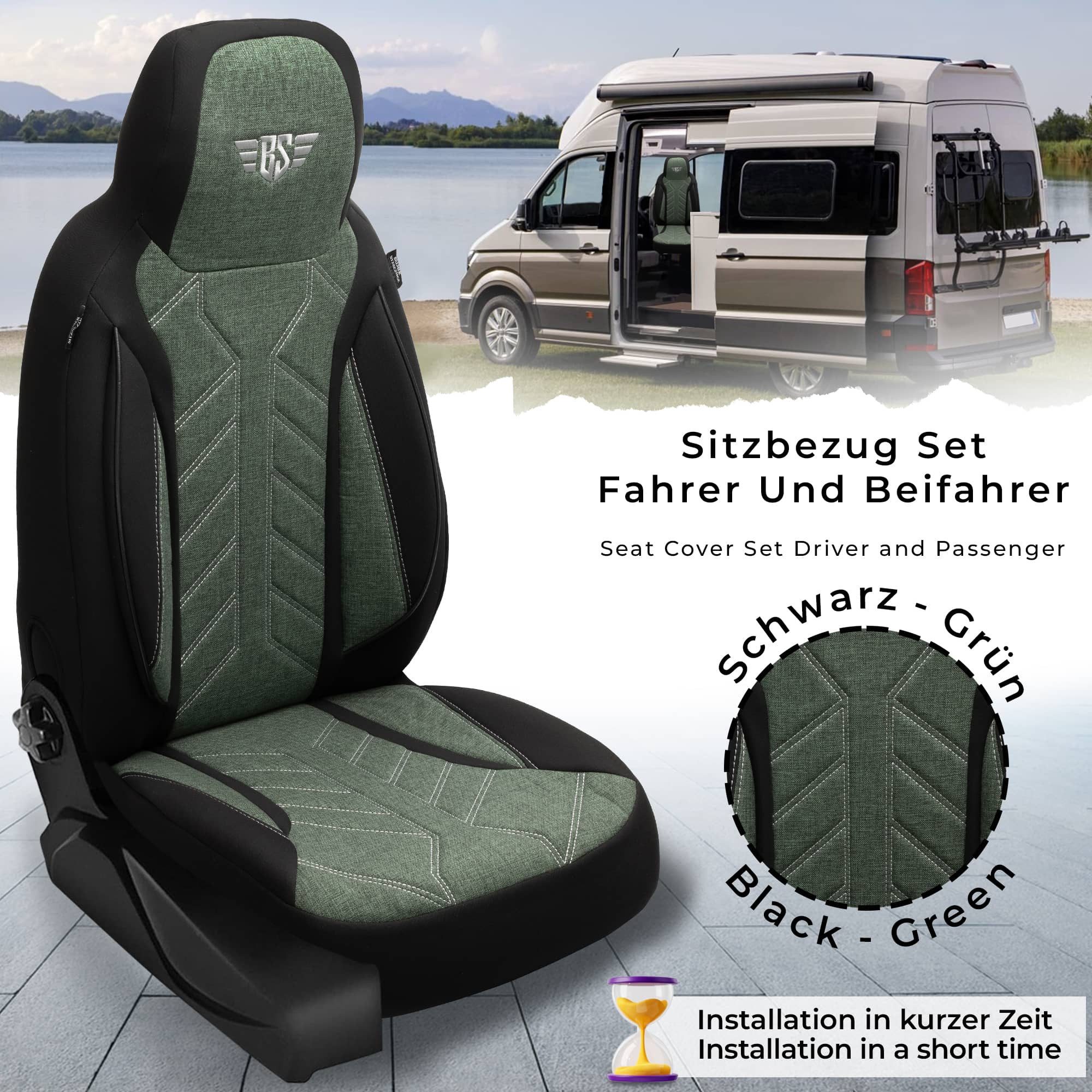 BREMER SITZBEZÜGE Autositzbezug für für Benimar Benivan (PLKT213), Set, Schonbezüge Sitzbezüge Fahrer und Beifahrer, in Schwarz/Olivgrün