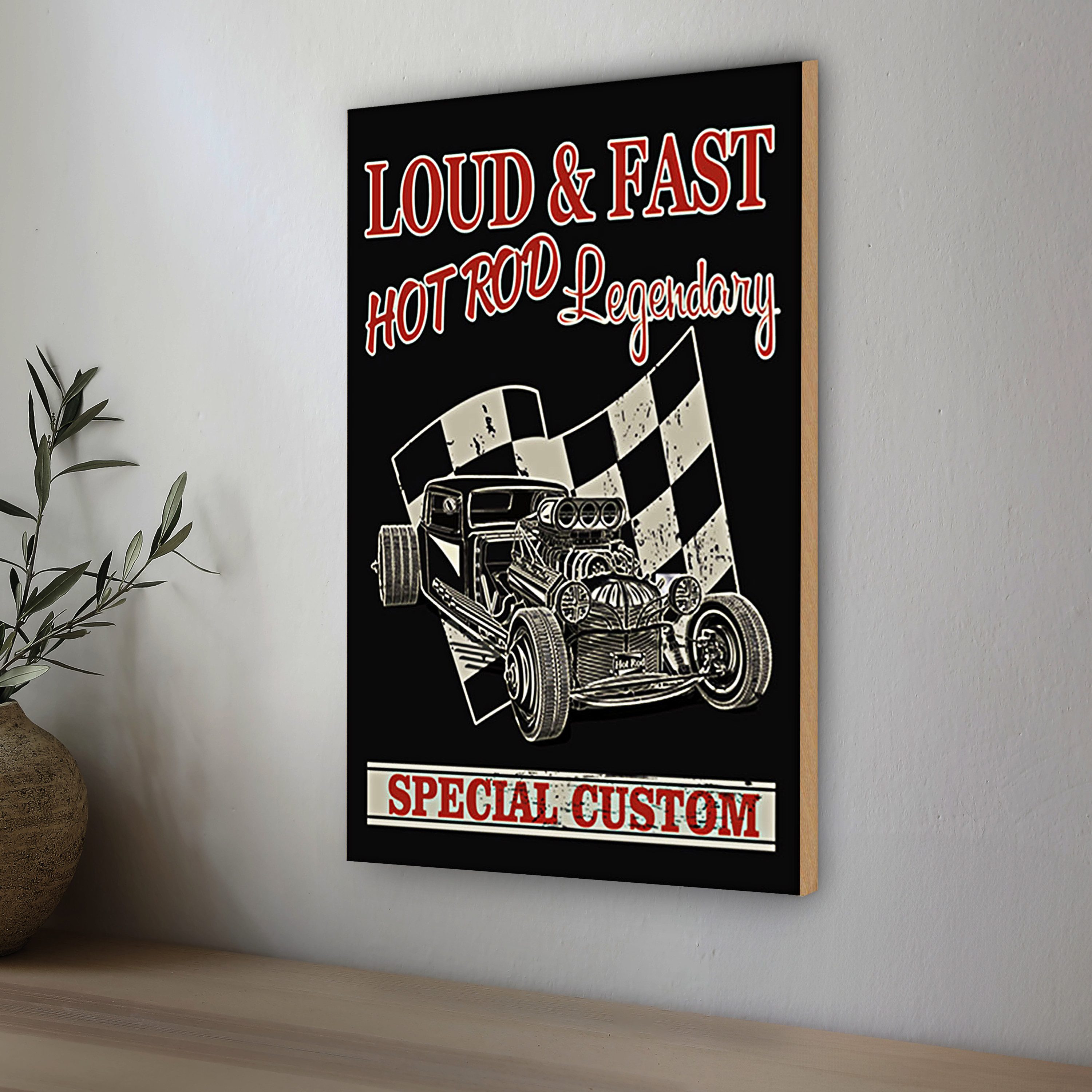 Roomando Holzbild Auto 30x40cm loud & fast hot rod legendary