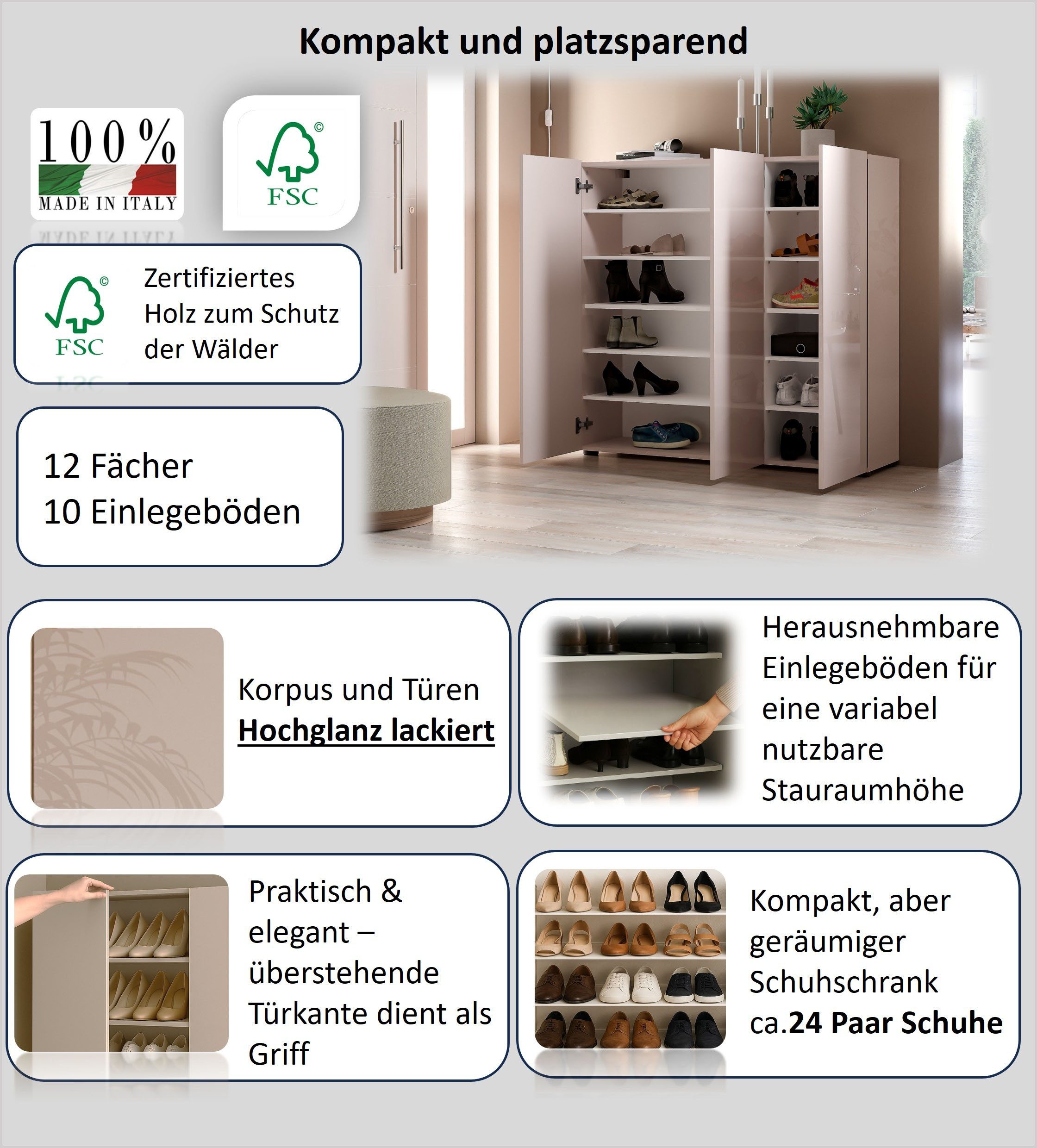 Home affaire Schuhschrank MISTER- Schuhregal, Made in Italy, 12 Fächer, 10 Einlegeböden Breite 120 cm, höhe 114 cm, komplett Hochglanz lackiert – Bild 3 von 5