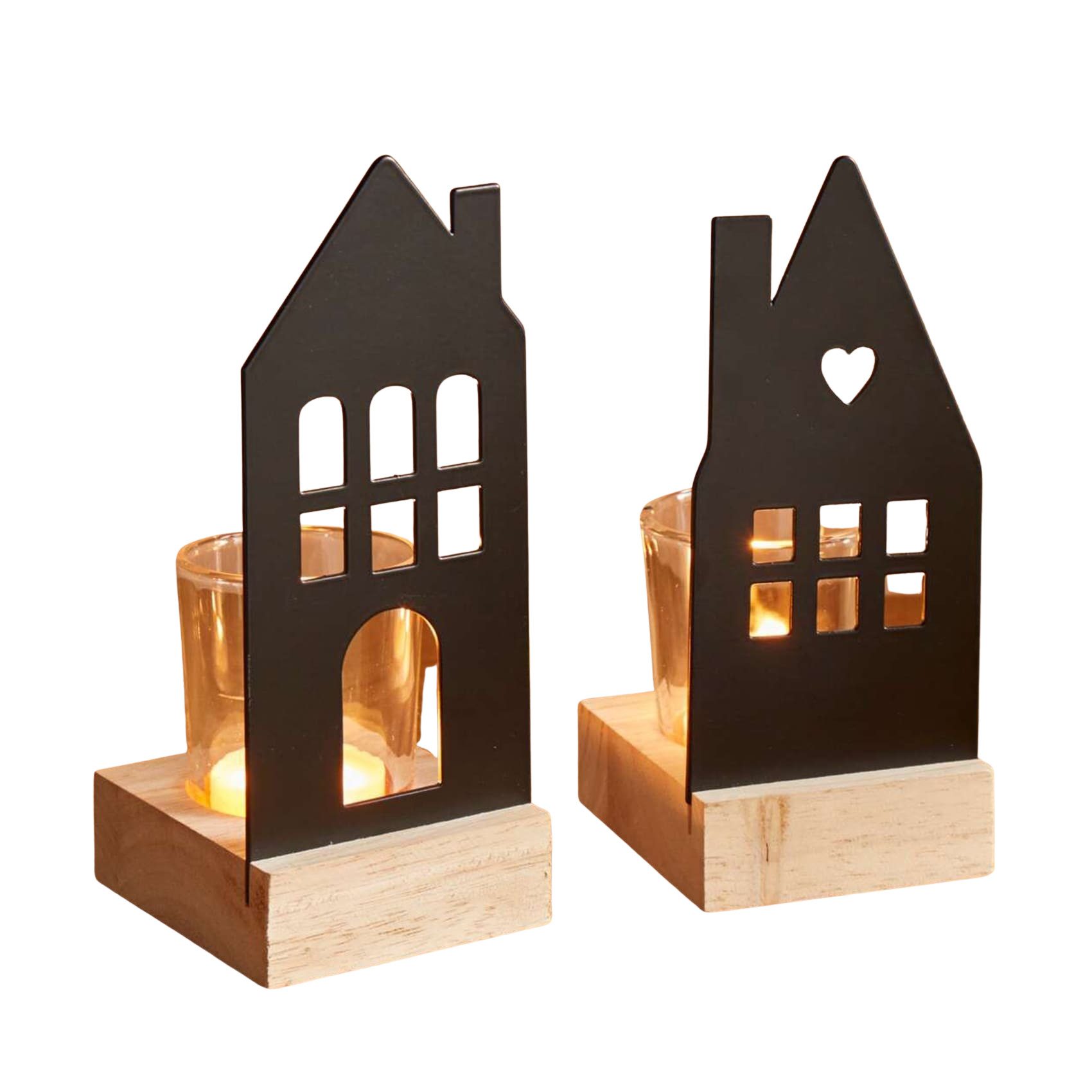 Dekoleidenschaft Windlicht "Haus" aus Metall, matt schwarz mit Glas Teelichthalter, Kerzenständer (2 St., im Set), 15 + 16 cm hoch, Tischdeko modern