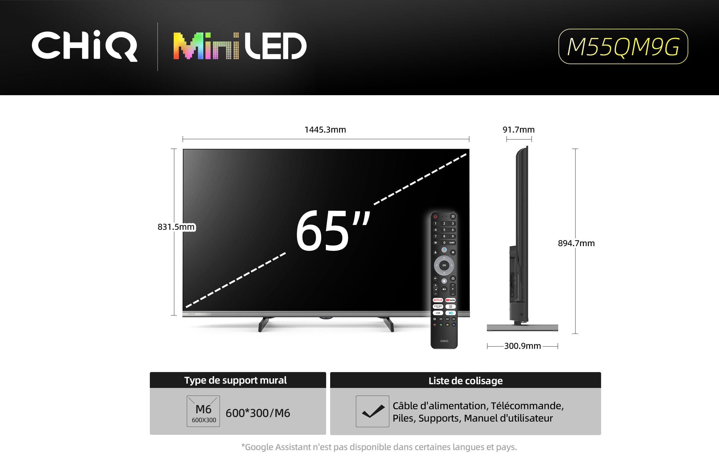CHiQ M65QN9G Mini-LED-Fernseher (164 cm/65 Zoll, 4K Ultra HD, 4K UHD TV, Smart-TV, Google TV, Mini LED TV, DLG 120Hz, 4K Dolby Vision, Unterstützt Apple AirPlay)