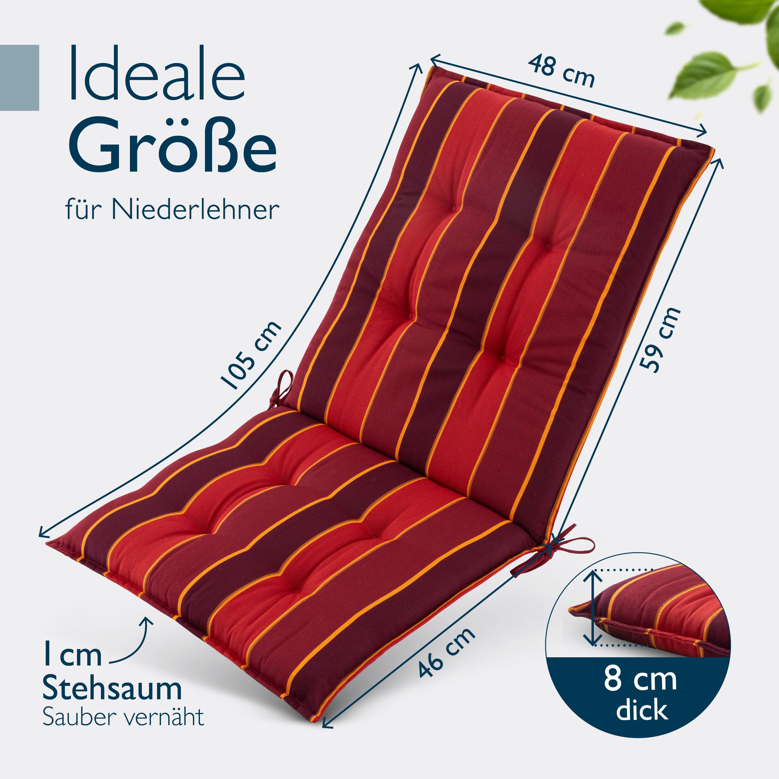 Beautissu Sitzauflage Premium Niedriglehner AuflageSun-NL, 100x50cm, RotGestreift, 8cm Dicke Gartenstuhlauflage mit Befestigung UV-Lichtechtheit 5
