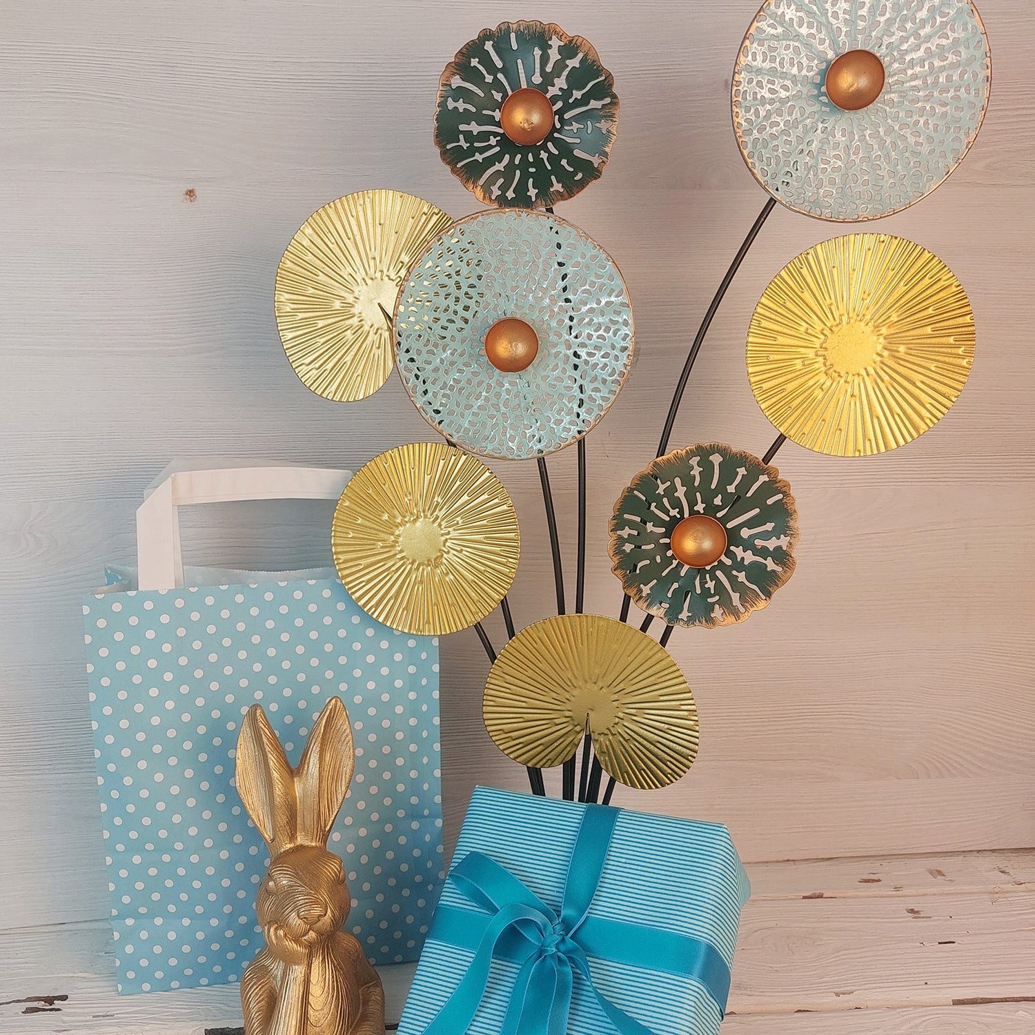 Logbuch-Verlag Dekofigur Dekoobjekt zum Hinstellen 53 cm - Blätter aus Metall gold türkis