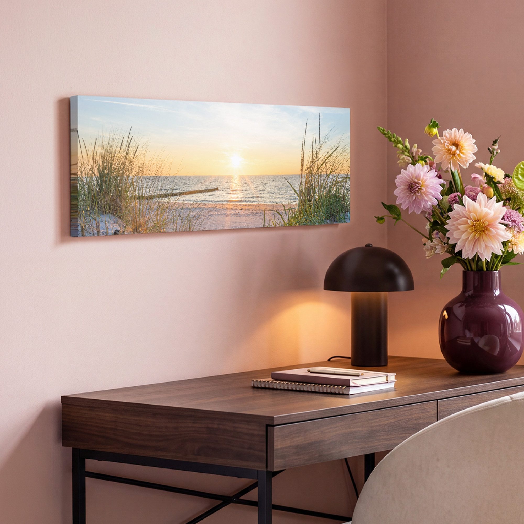 OneMillionCanvasses® Leinwandbild Panorama Strand - Sonne - Düne - Gras - Sand - Horizont, Fotodruck (1 St), Wandbild, Deko Schlafzimmer Wohnzimmer Flur 60x20 c – Bild 4 von 5