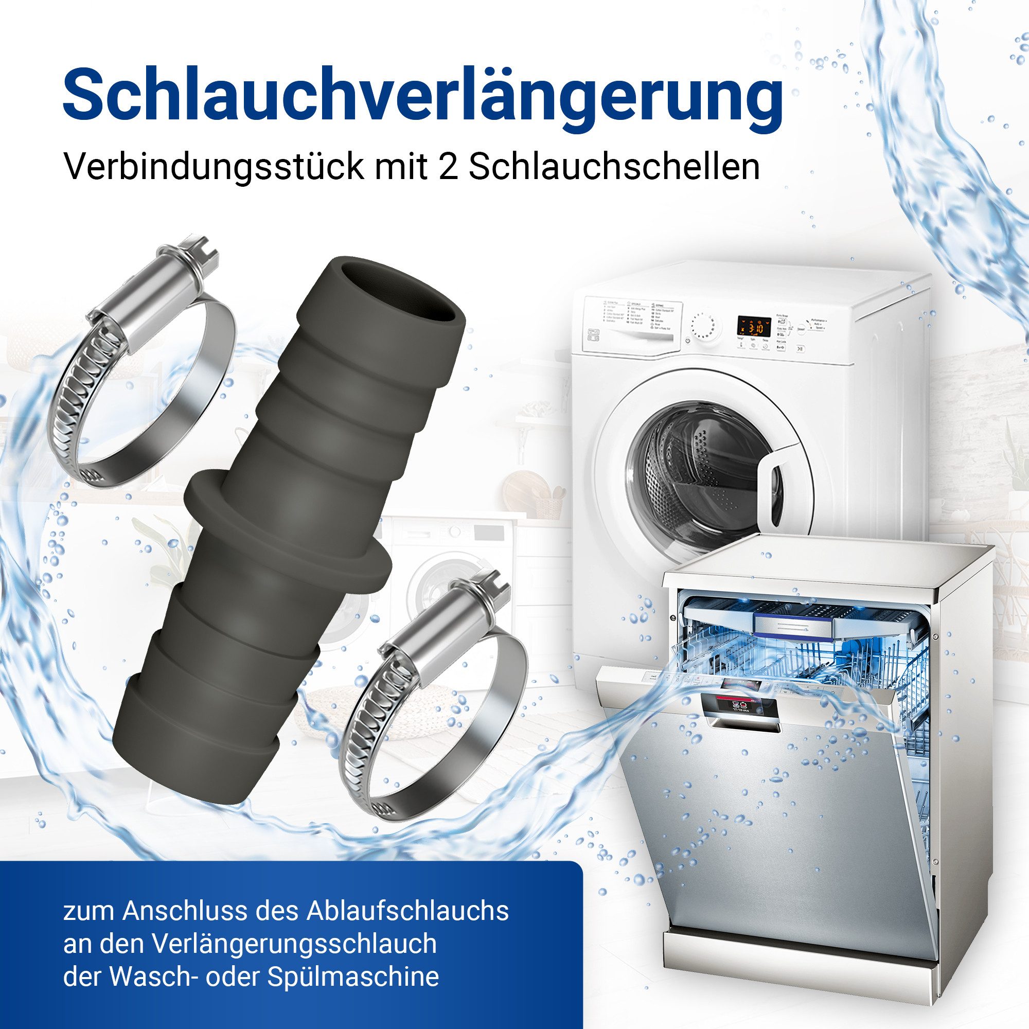 VIOKS Schlauchverbinder Verbindungsstück Ablauchschlauchverbinder, mit 2 Schlachschellen 18-28mm für Spül- und Waschmaschine