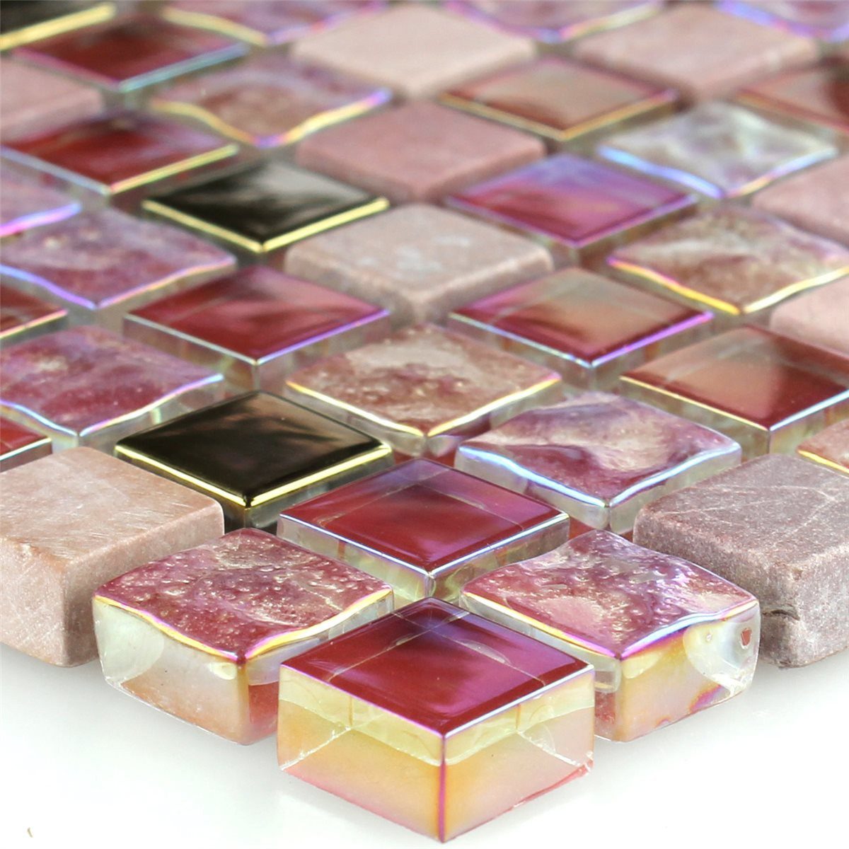 Mosafil Mosaikfliesen Glas Naturstein Mosaikfliesen Meramec Rot Rosa Gold, Naturstein-Glas 32.200x30.500, gold-beige-rosa, Verlegefertig auf ein Netz geklebt - Wasserfest