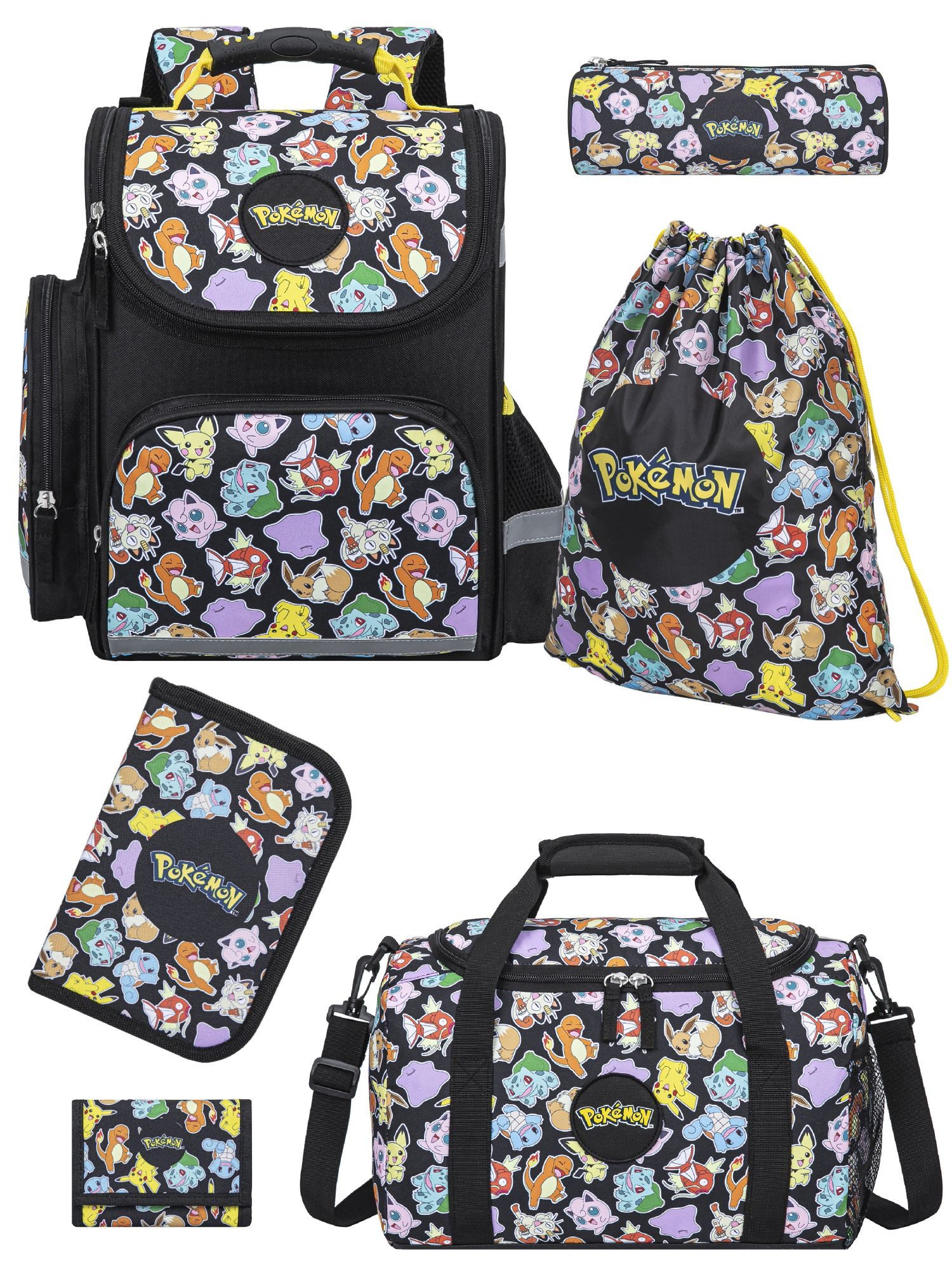 Familando Schulranzen Pokemon Pikachu Schultasche ab der 1. Klasse (Set, 6-tlg., inkl. Federmäppchen und Sporttasche), ergonomisch, 1.010 Gramm leicht, 18L Volumen