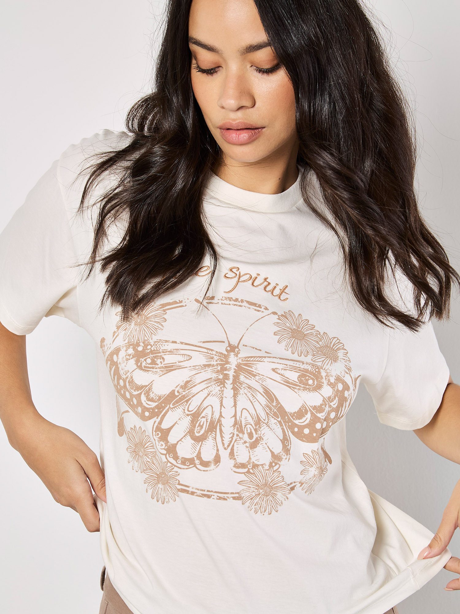 Apricot Blusentop Kurzshirt mit Schmetterlingsdruck günstig online kaufen