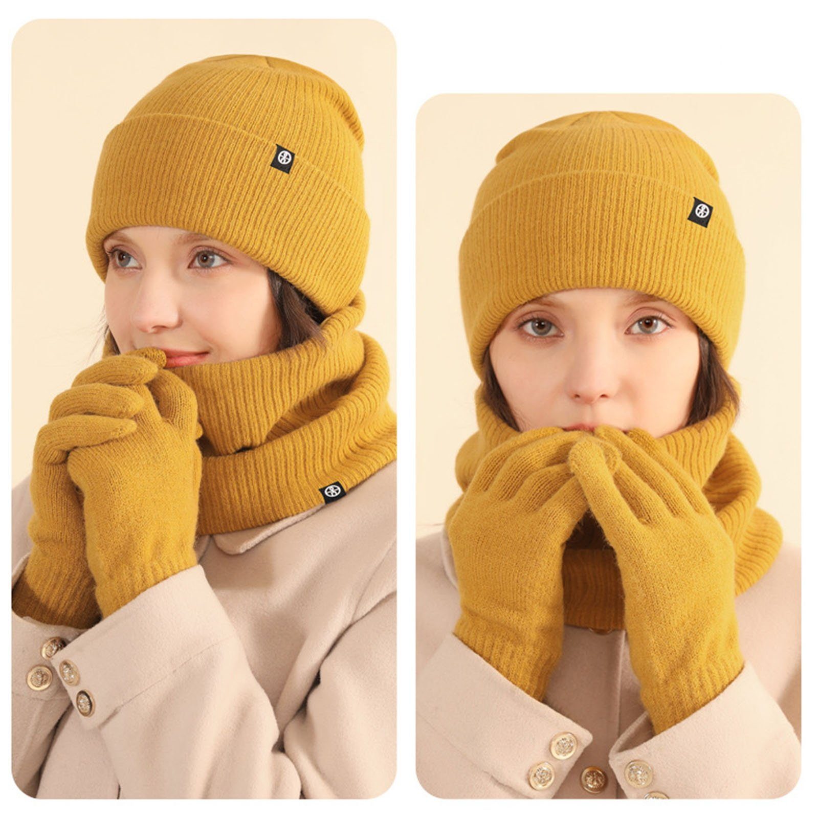 Rutaqian Schlupfmütze Unisex Beanie Strickmütze Winterschal Thermo Handschuhe (3-in-1 Winter-Set) Warme Knit Hut Loop Schal Rutschfeste Handschuhe Gelb | Schlupfmützen