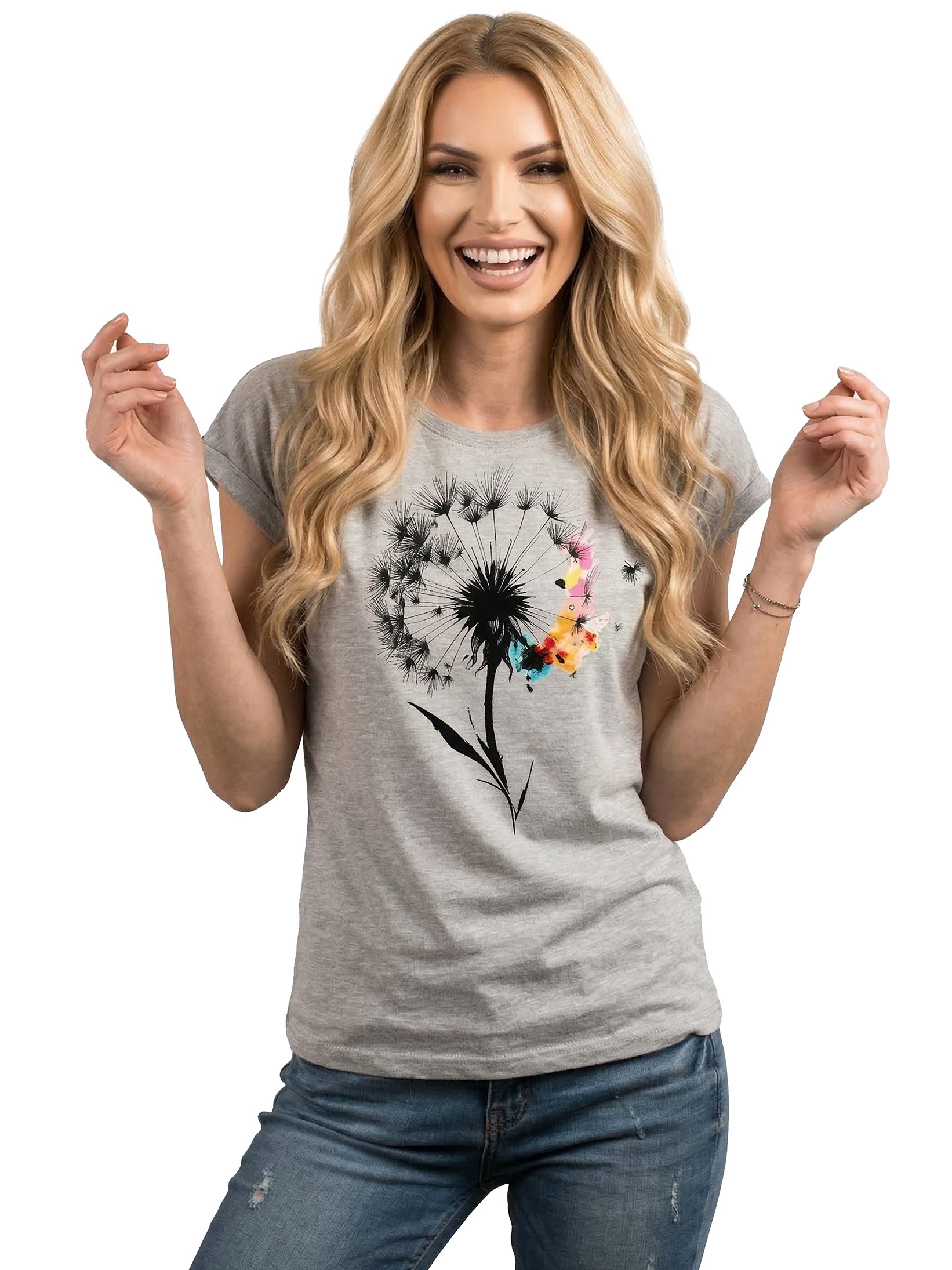 MAKAYA T-Shirt Damen-Top mit Pusteblumen-Print – florales Sommer-Shirt aus Baumwolle (Weiß, Rosa, Hellgrau, 34, 36, 38, 40, 42, 44, 46, 48, 50) Baumwolle