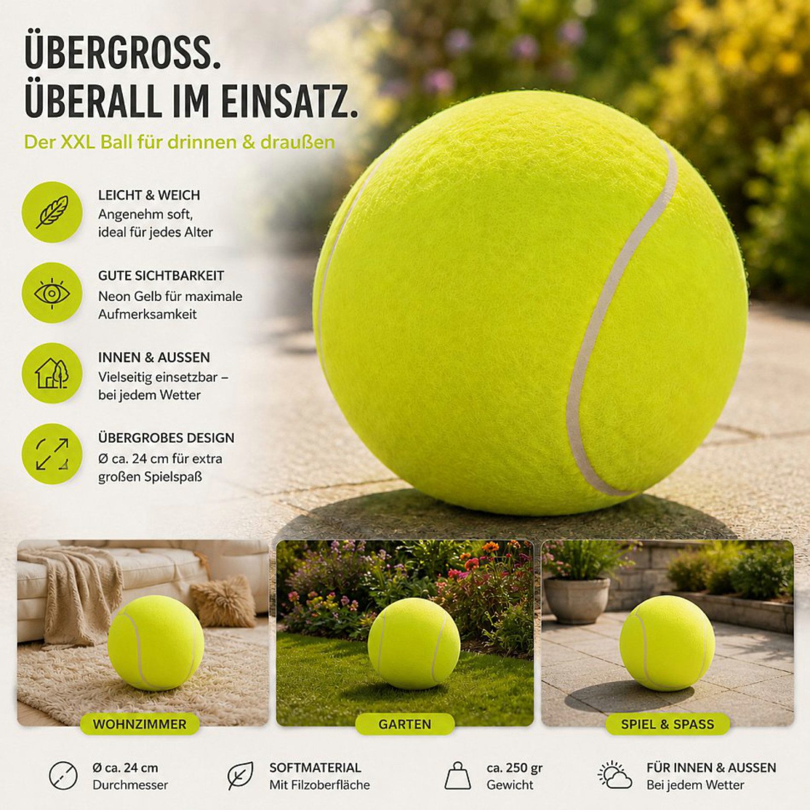 Koopman Tennisball XXL Spielball Ball Freizeitball Ø24cm Neon Gelb (Stück, 1-St., Packung), XXL-Version, Softball, weiche Oberfläche, Training, Filz