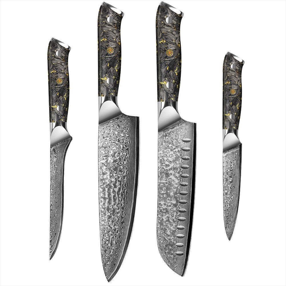 KingLux Messer-Set 4 teiliges Damaststahl Küchenmesser set Karbonfaser&Blattgold Griff (4-tlg)