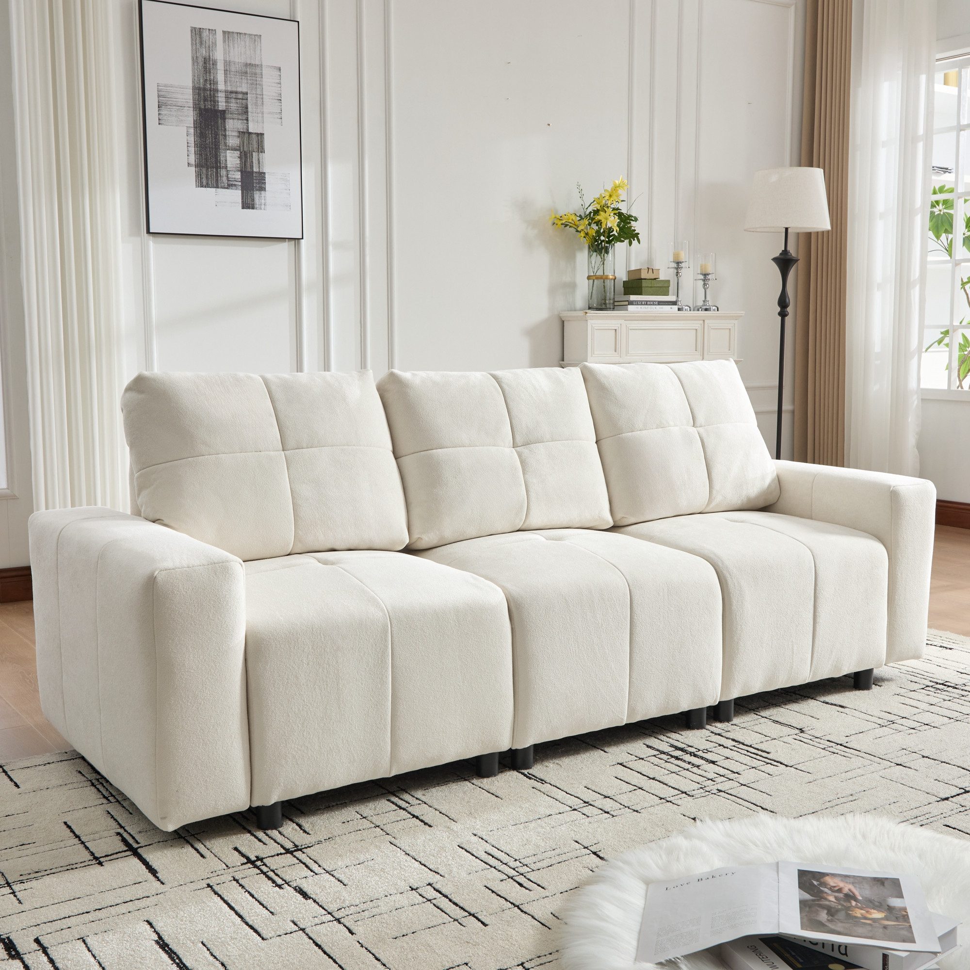 MODFU Sofa Gerades Chenille‑Sofa 213x94x84 cm mit Schlaffunktion, Modulares Design, großzügige & verstellbare Sitztiefe 1 Teile, Ideal für Wohnzimmer & Gästebereich, vielseitig nutzbar
