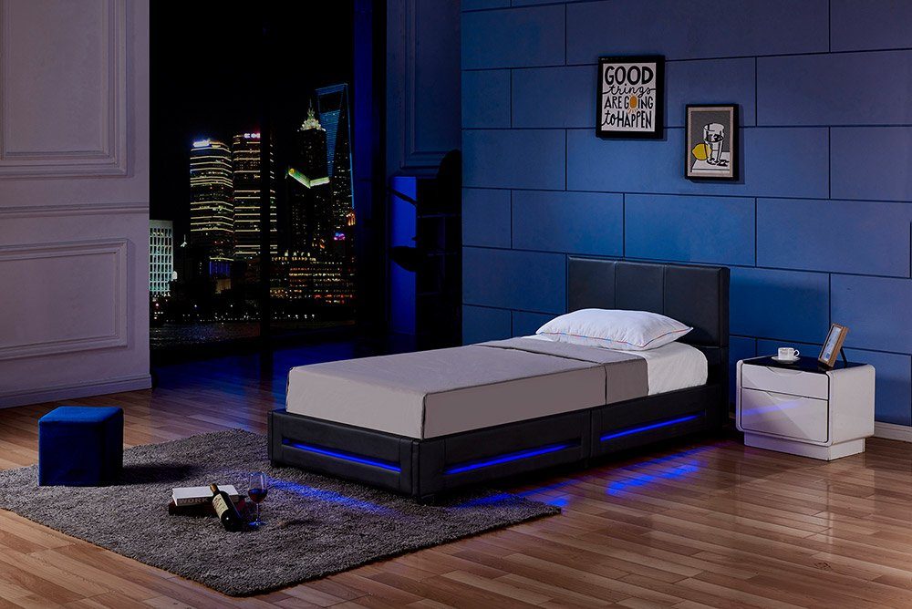 Beleuchtung), ASTEROID DELUXE (Set, Kunstlederbett Lattenrost 2-tlg., schwarz 90 Bett Kopfteil, 200 & HOME Bett cm LED Polsterbett, LED inkl. gepolstertes x