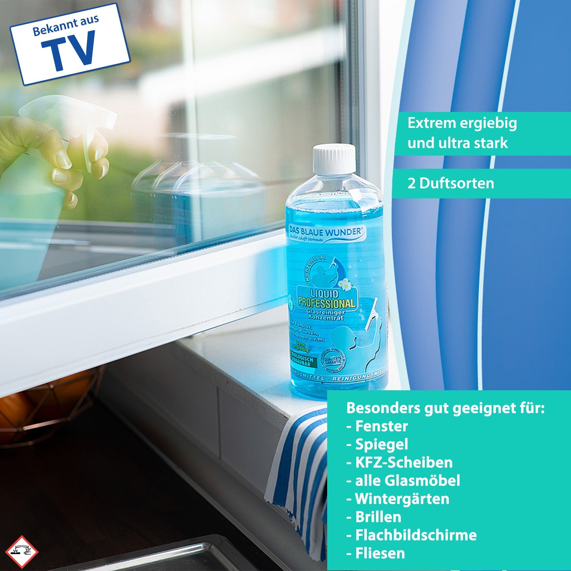 Frühling Liquid und reinigt Blaue Wunder® Glasflächen Das und Spiegelflächen) Konzentrat schützt Professional (Duftsorte: Glasreiniger