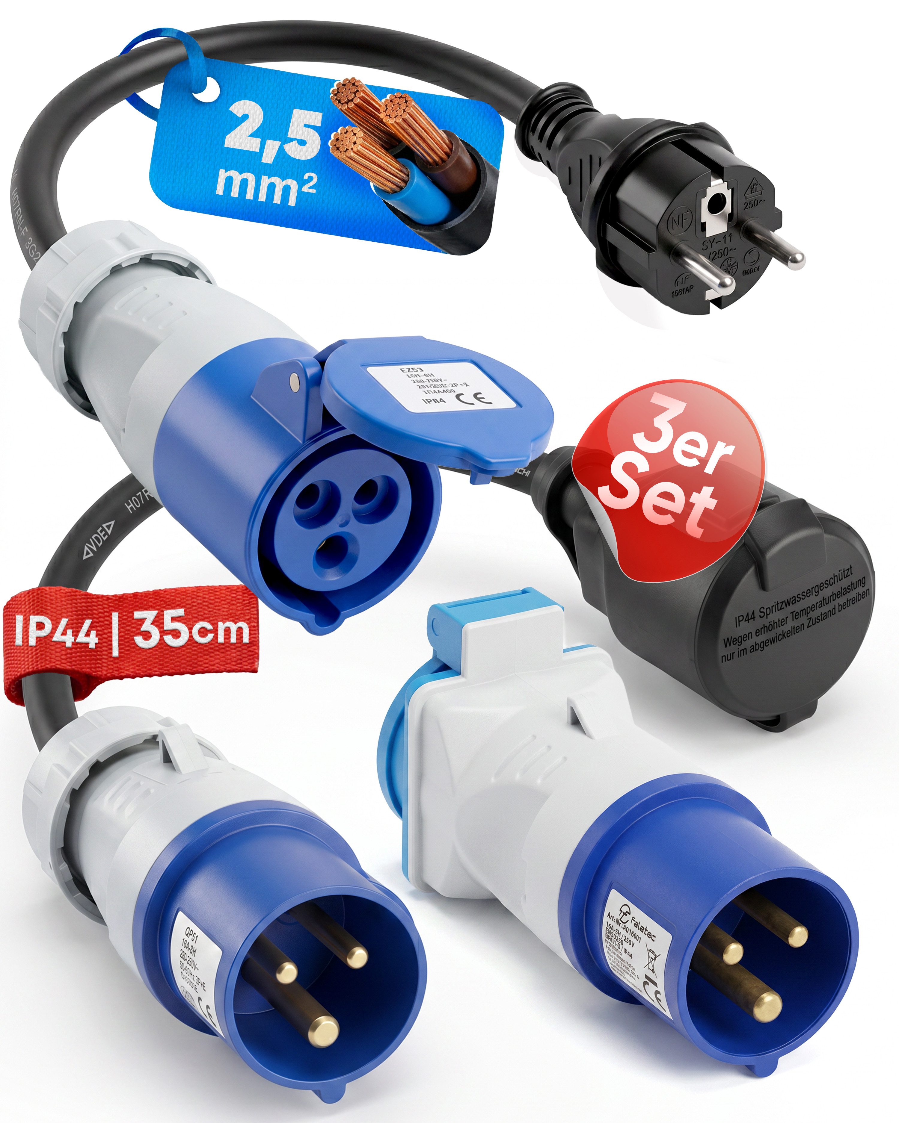 feletec 3x CEE Adapter 230V 16A für Camping & Wohnmobil CEE-Adapterkabel